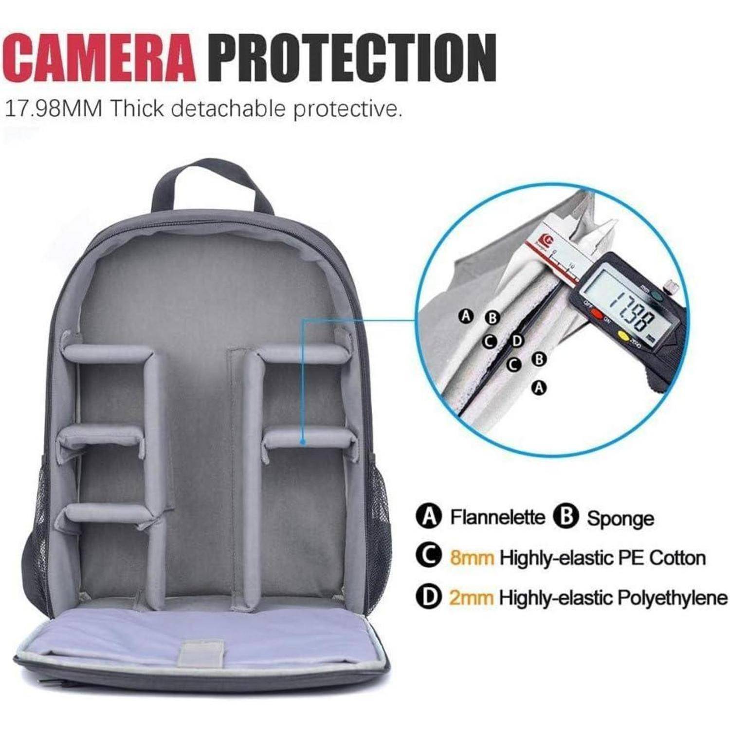 Kamera-Rucksack-Innenraum mit abnehmbarer Schutzpolsterung. Merkmale umfassen 8 mm hochelastische PE-Baumwolle und 2 mm Polyethylen-Schichten.