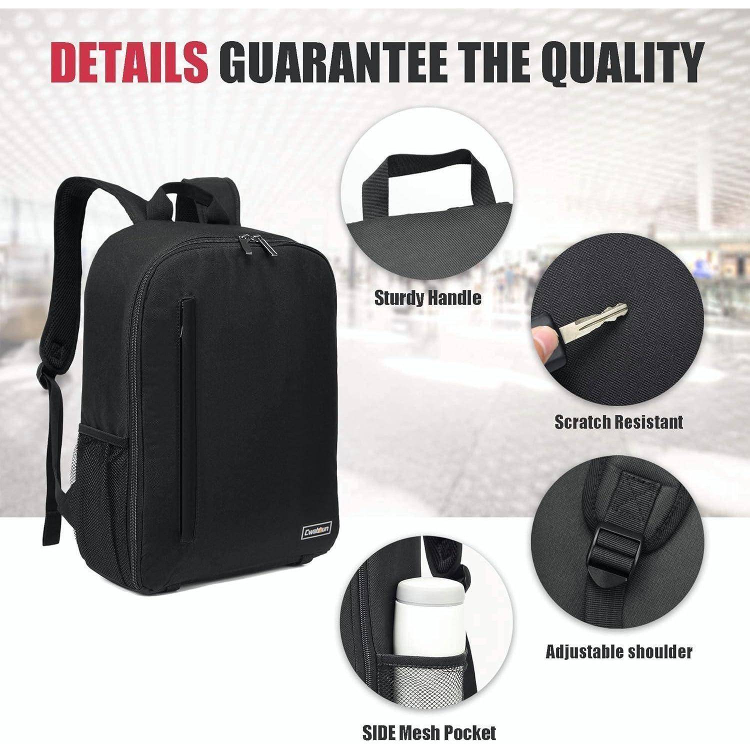 Ein schwarzer Rucksack mit festem Griff, kratzfestem Material, verstellbaren Schultergurten und einer seitlichen Netztasche für eine Flasche.