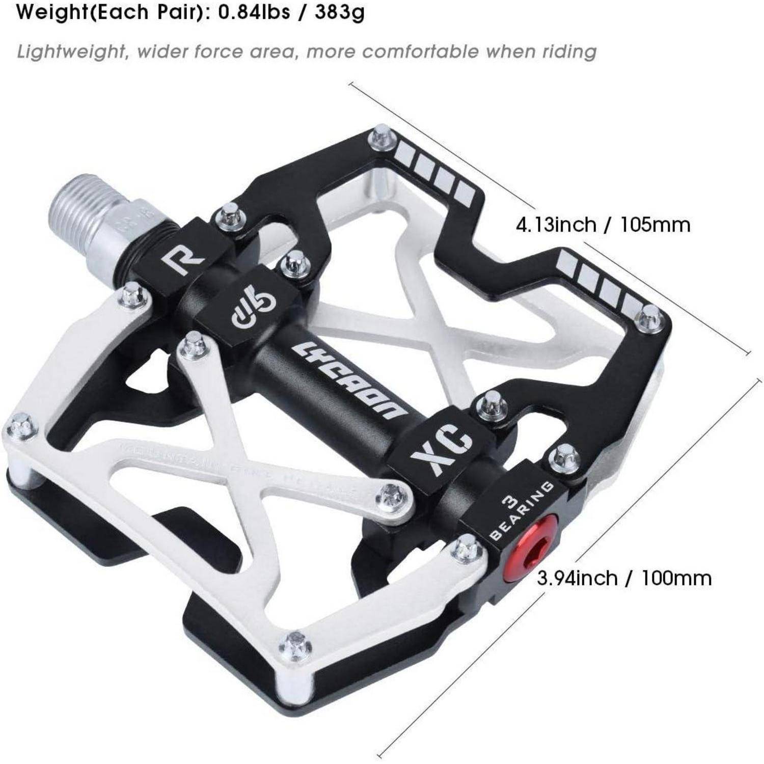 Leichtes Fahrradpedal, Gewicht: 0,84 lbs. Angegebene Abmessungen: 4,13 Zoll/105 mm und 3,94 Zoll/100 mm. Entwickelt für Komfort beim Fahren.