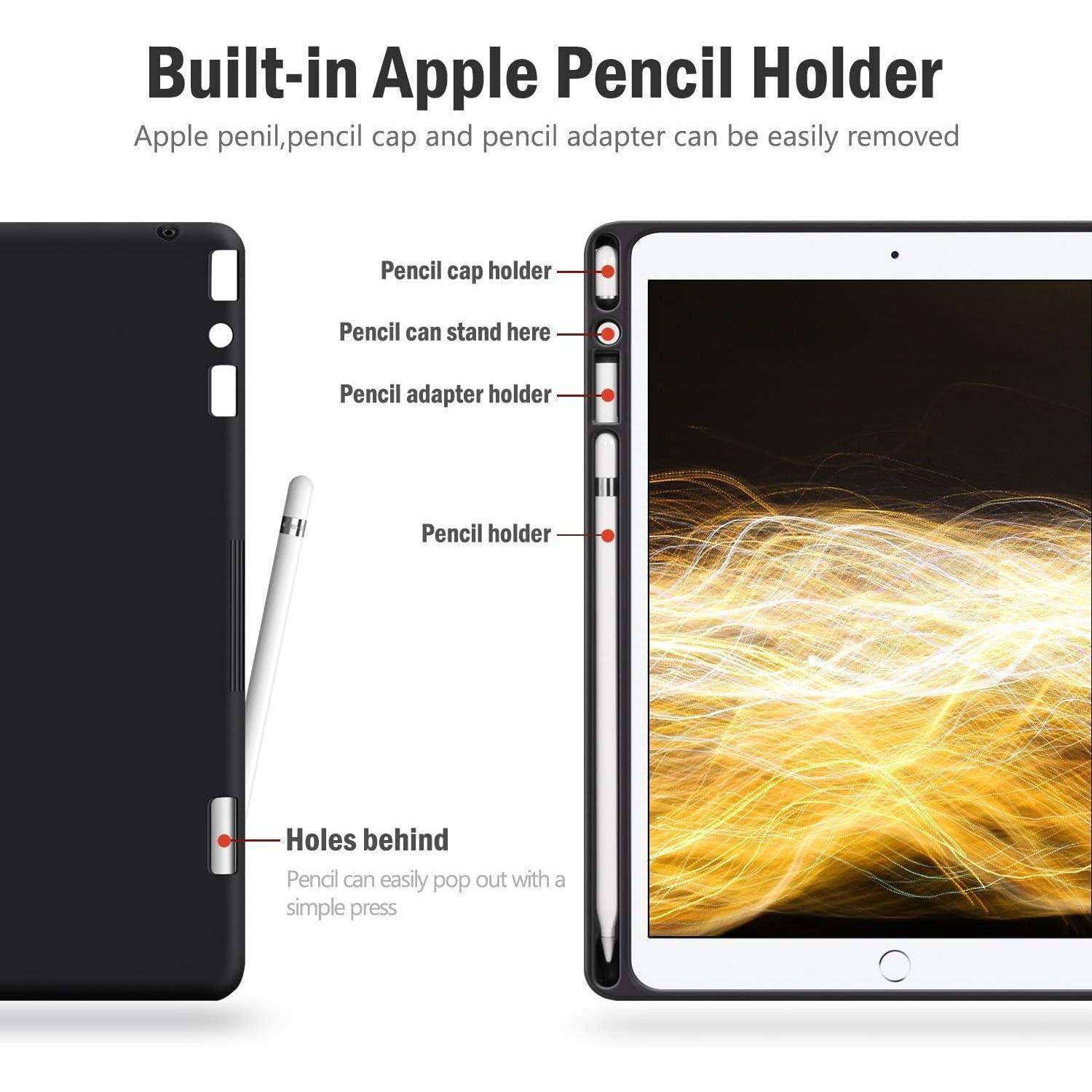 „Integrierter Apple Pencil Halter" zeigt eine Tablet-Hülle mit Beschriftungen, die auf einen Schlitz für den Apple Pencil, einen Deckelhalter und einen Adapter hinweisen.