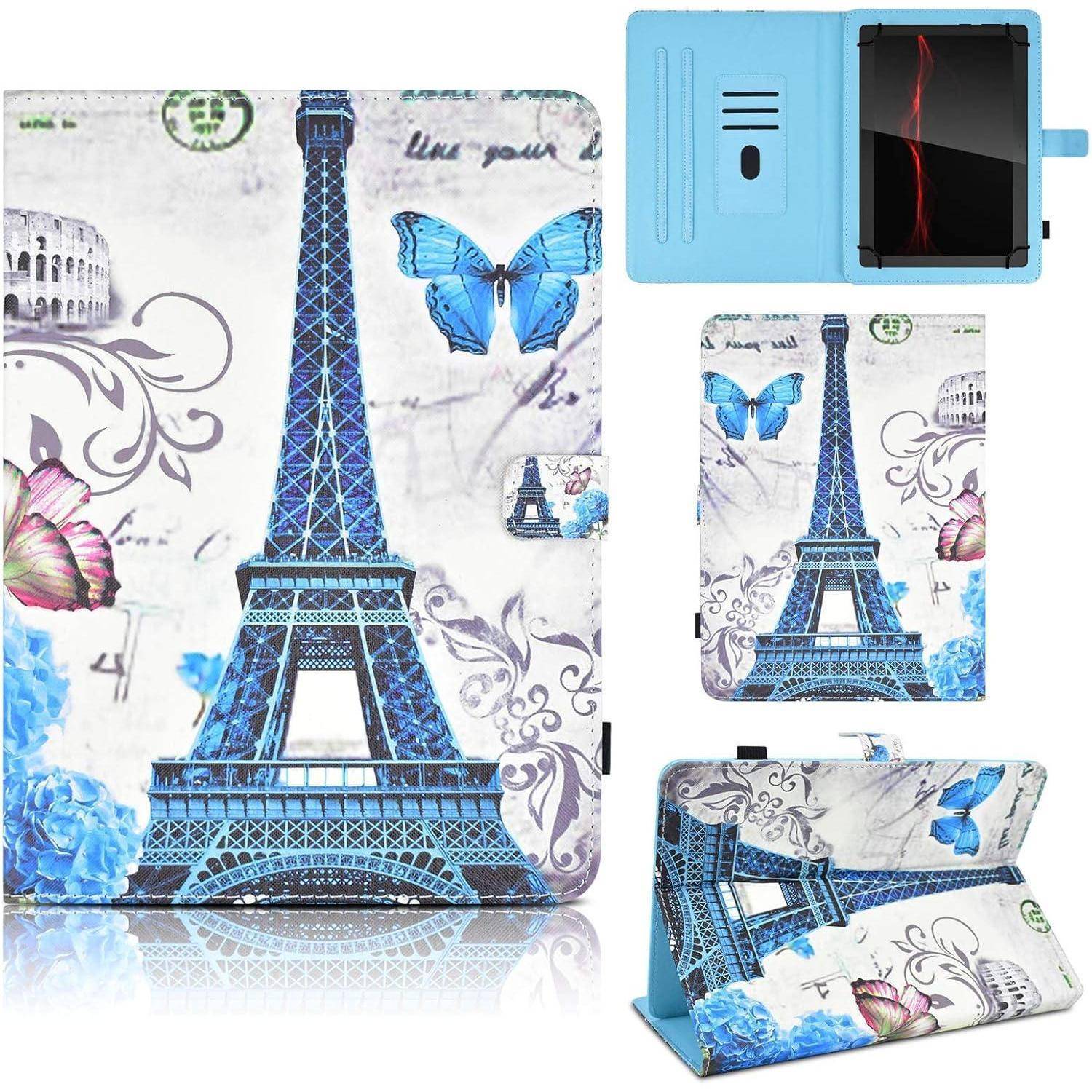 Tablet-Hülle mit blauem Eiffelturm, Schmetterlingen und Paris-Motiven. Die Hülle verfügt über mehrere Betrachtungswinkel und Kartenfächer.