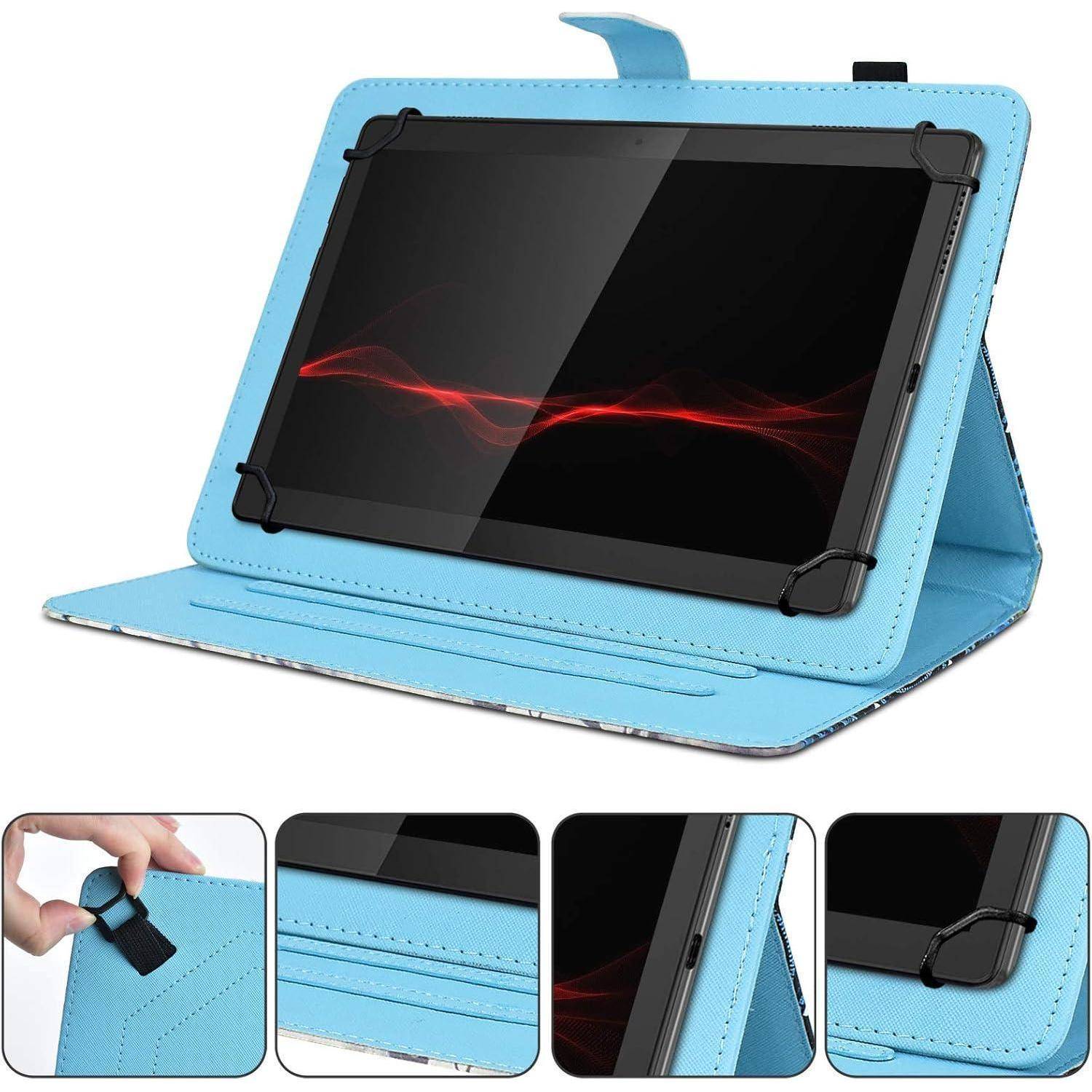 Ein blauer Tablettkoffer mit Ständerfunktion, der ein Tablet mit einem roten Wellendesign auf dem Bildschirm präsentiert. Einschübe zeigen Nahaufnahmedetails des Etuis.