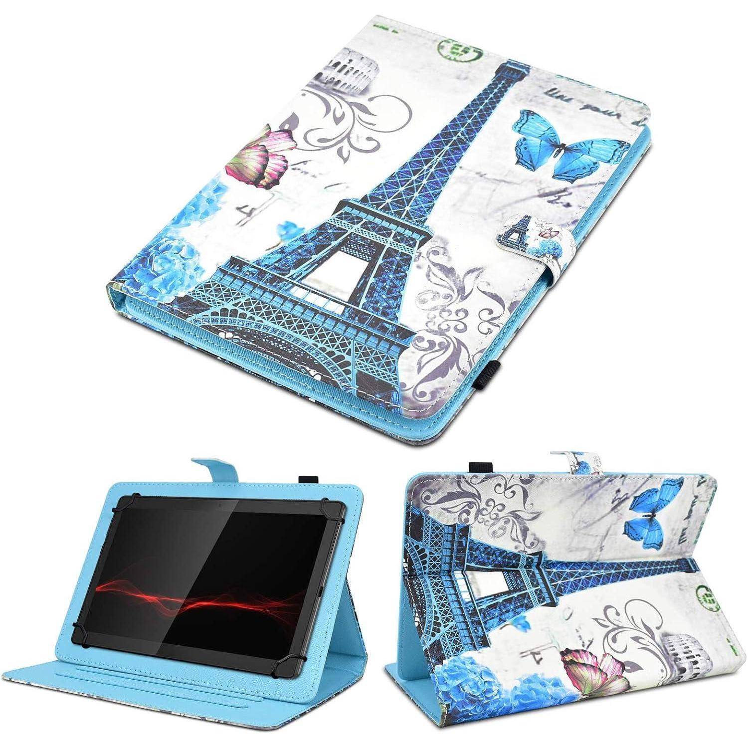 Tablet-Hülle mit Eiffel-Turm- und Schmetterlings-Design in blauen Tönen, geöffnet zur Darstellung der Ständerfunktion und geschlossene Frontansicht.