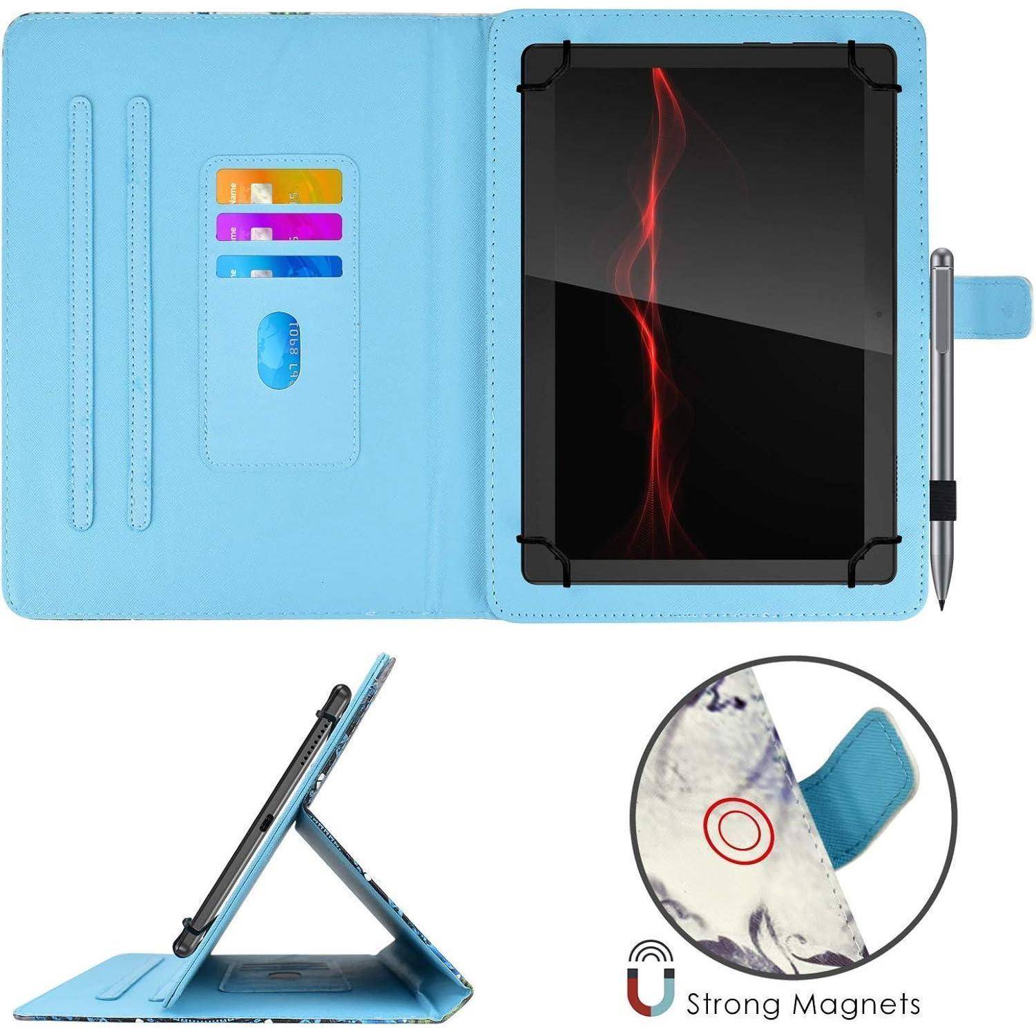 Ein blauer Tablet-Hülle mit Kartenfächern, einem Stylus und einem faltbaren Ständer. Text lautet 'Starke Magnete' und betont die Eigenschaften des magnetischen Verschlusses.