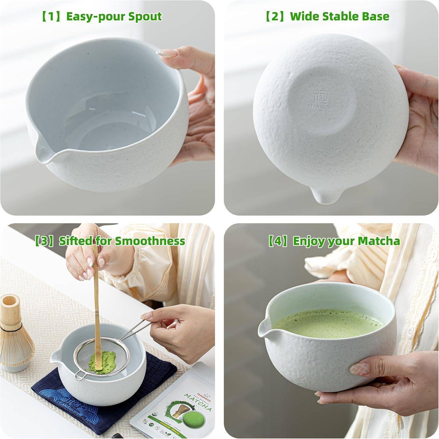 Vierstufiger Prozess zur Zubereitung von Matcha-Tee in einer weißen Schüssel: 1) Ausguss. 2) Breite Basis. 3) Pulver sieben. 4) Fertiger Matcha.