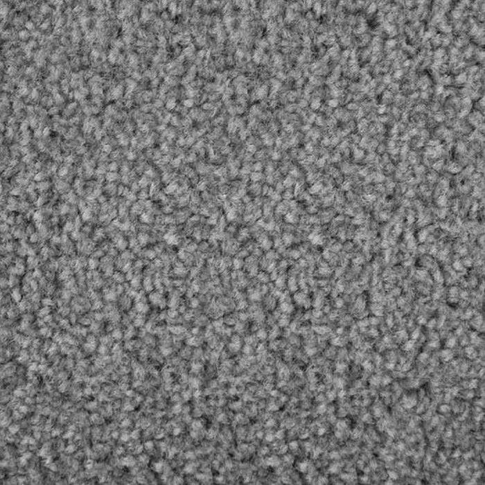 Nahaufnahme eines grauen, strukturierten Teppichs, der sein geschlungenes Fasermuster und die weiche Oberflächenstruktur zeigt.