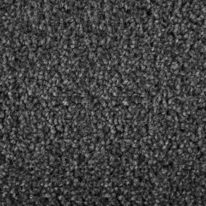 Nahaufnahme eines dunkelgrauen Teppichs mit einer strukturierten, geschlauften Oberflächenstruktur, die eine weiche, dichte und gleichmäßige Erscheinung erzeugt.