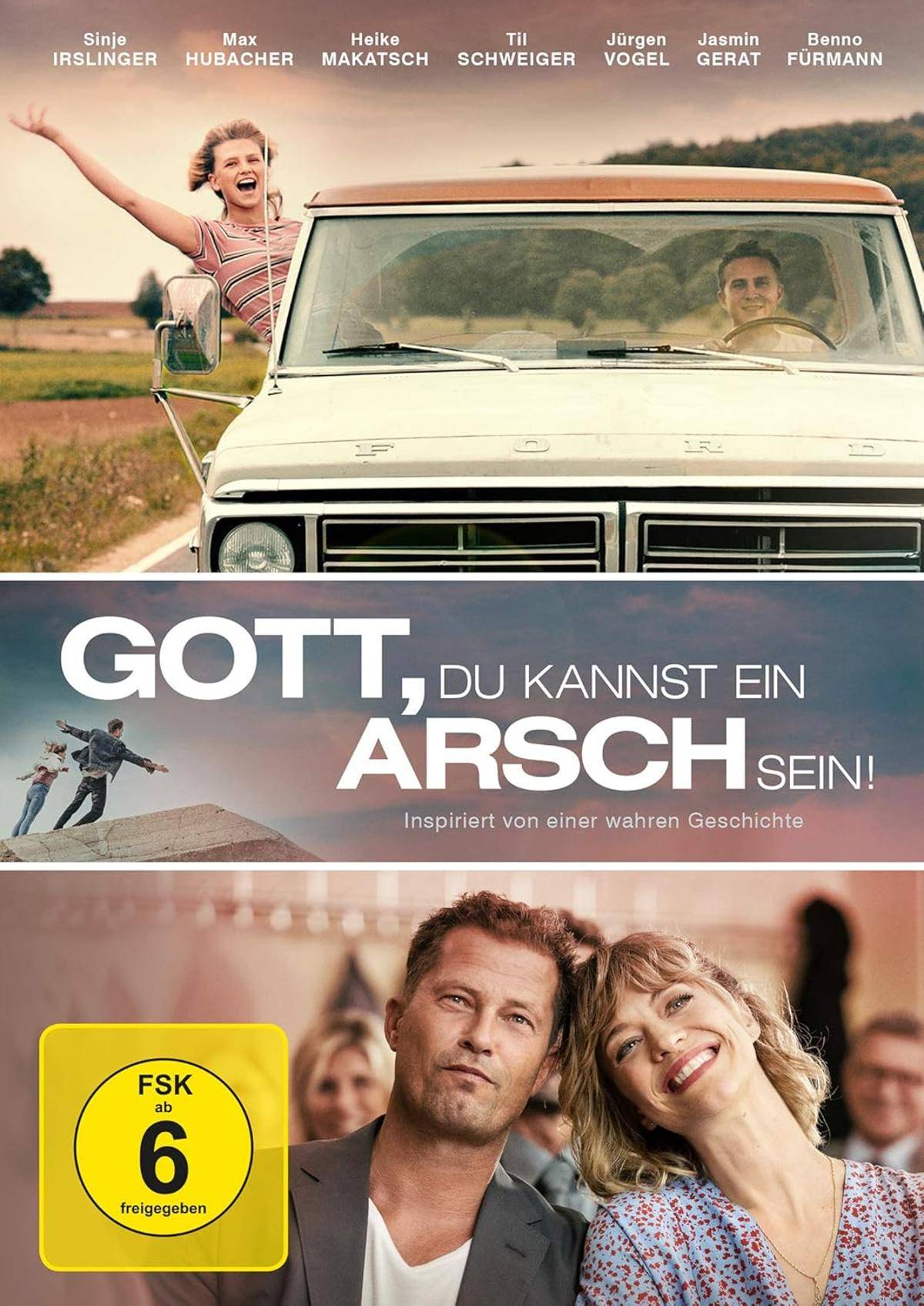 Ein Filmplakat, das ein sorglos wirkendes Paar in einem Auto zeigt. Titel: 'Gott, du kannst ein Arsch sein!' Darunter ein lächelnder Mann und eine lächelnde Frau.