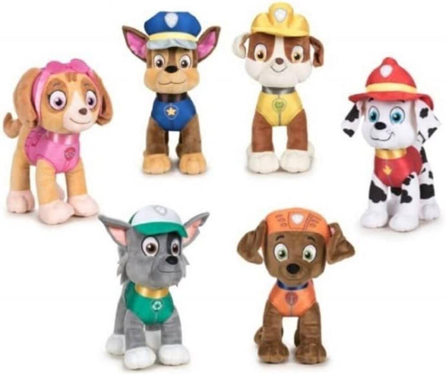 Sechs Plüschhunde in bunten Uniformen, die verschiedene Berufe wie Polizist, Feuerwehrmann und Bauarbeiter darstellen.