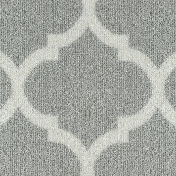 Graues und weißes geometrisches Muster mit sich überschneidenden kreisförmigen und Rautenformen, die eine sich wiederholende Teselation bilden.