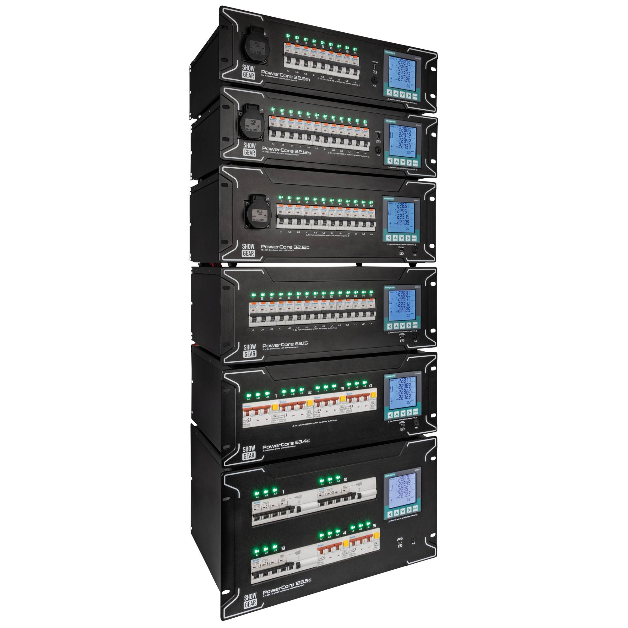 Ein Stapel von sechs modularen elektronischen Geräten mit digitalen Anzeigen und Signalleuchten, die für Energiemanagement oder Steuerungssysteme verwendet werden.
