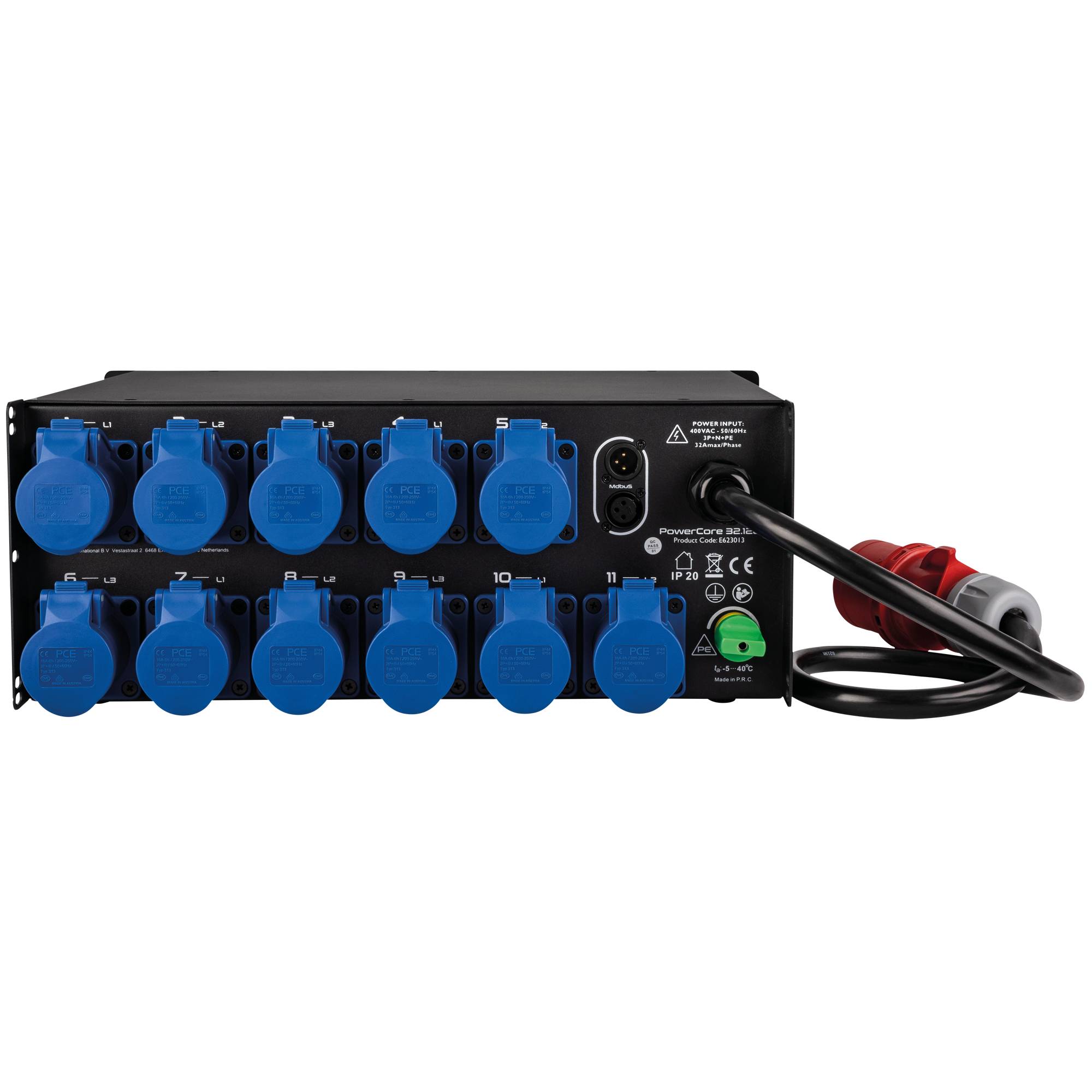 Ein Rack-montiertes Stromverteilungsgerät mit 10 blauen Steckdosen, von 1-10 beschriftet, einem Netzschalter und einem schwarzen Netzkabel an der Seite.