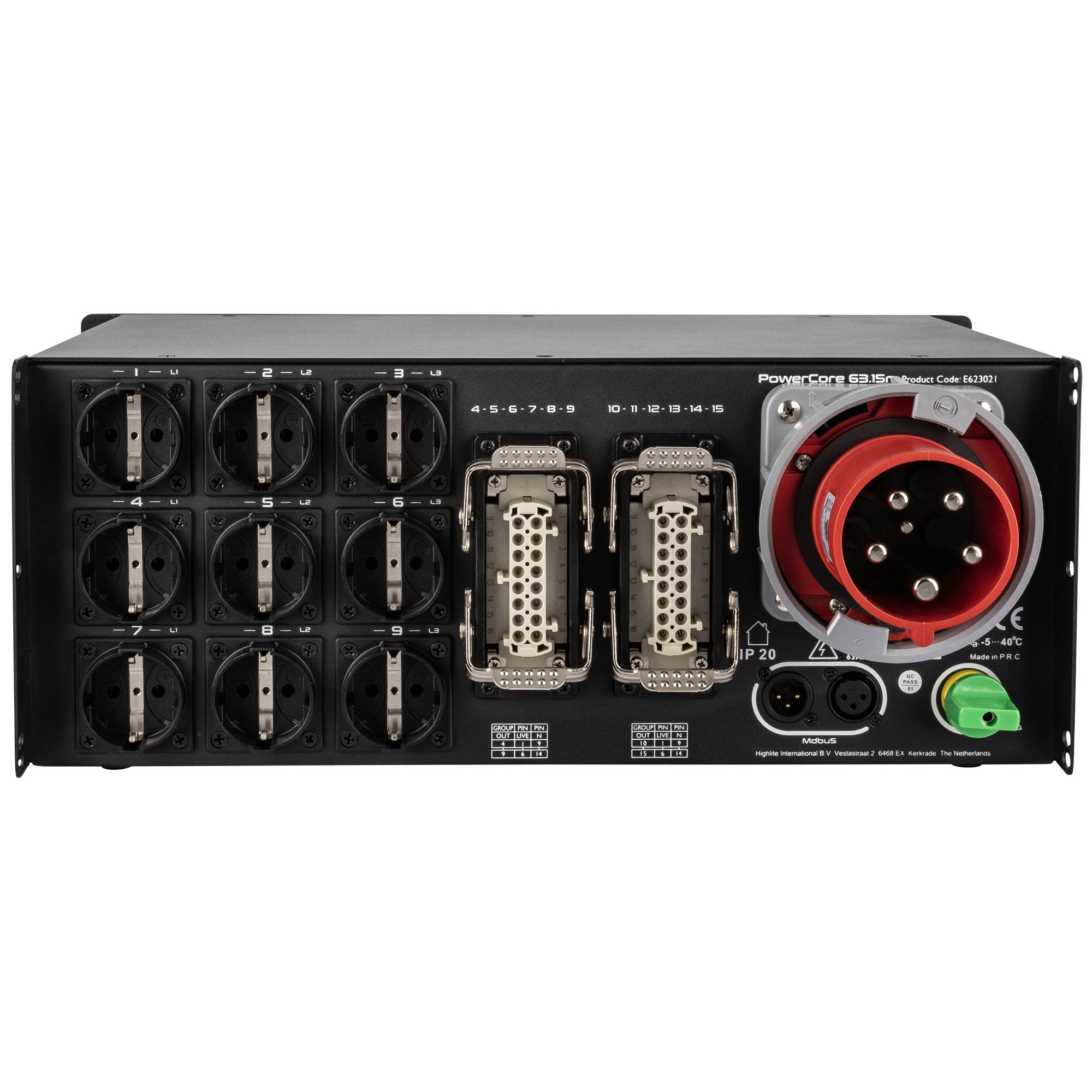 PowerCore 6227-MS Stromverteiler mit verschiedenen Anschlüssen und einem runden, roten Anschluss, der Verbindungsoptionen in schwarzem Gehäuse präsentiert.