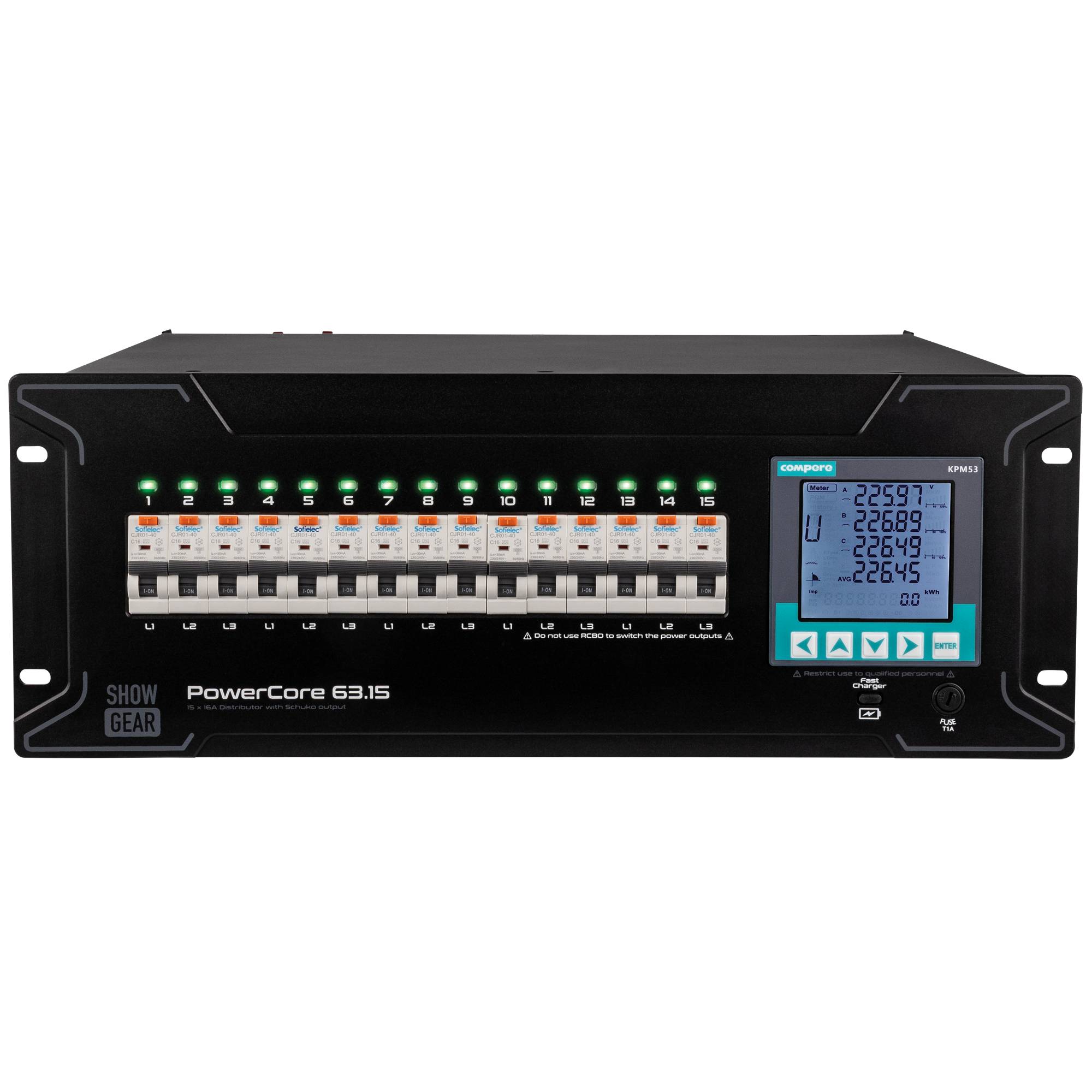 Showgear PowerCore 63.15 Gerät mit Bedienungstasten und digitalem Anzeigepanel, das numerische Werte und Optionen zeigt.