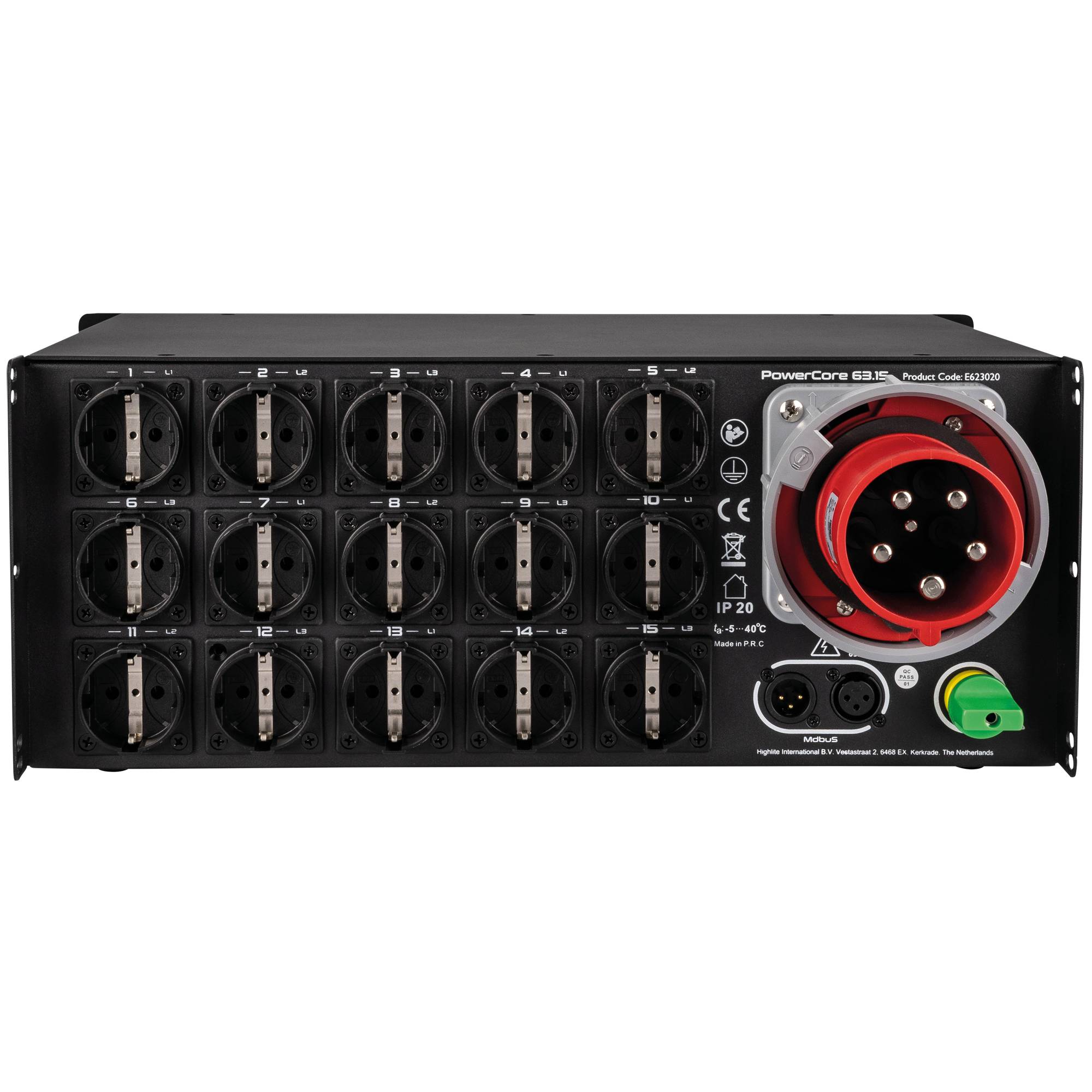 PowerCore G2' Stromverteilungseinheit mit 16 Stromsteckdosen und einem großen roten Rundstecker auf der rechten Seite.