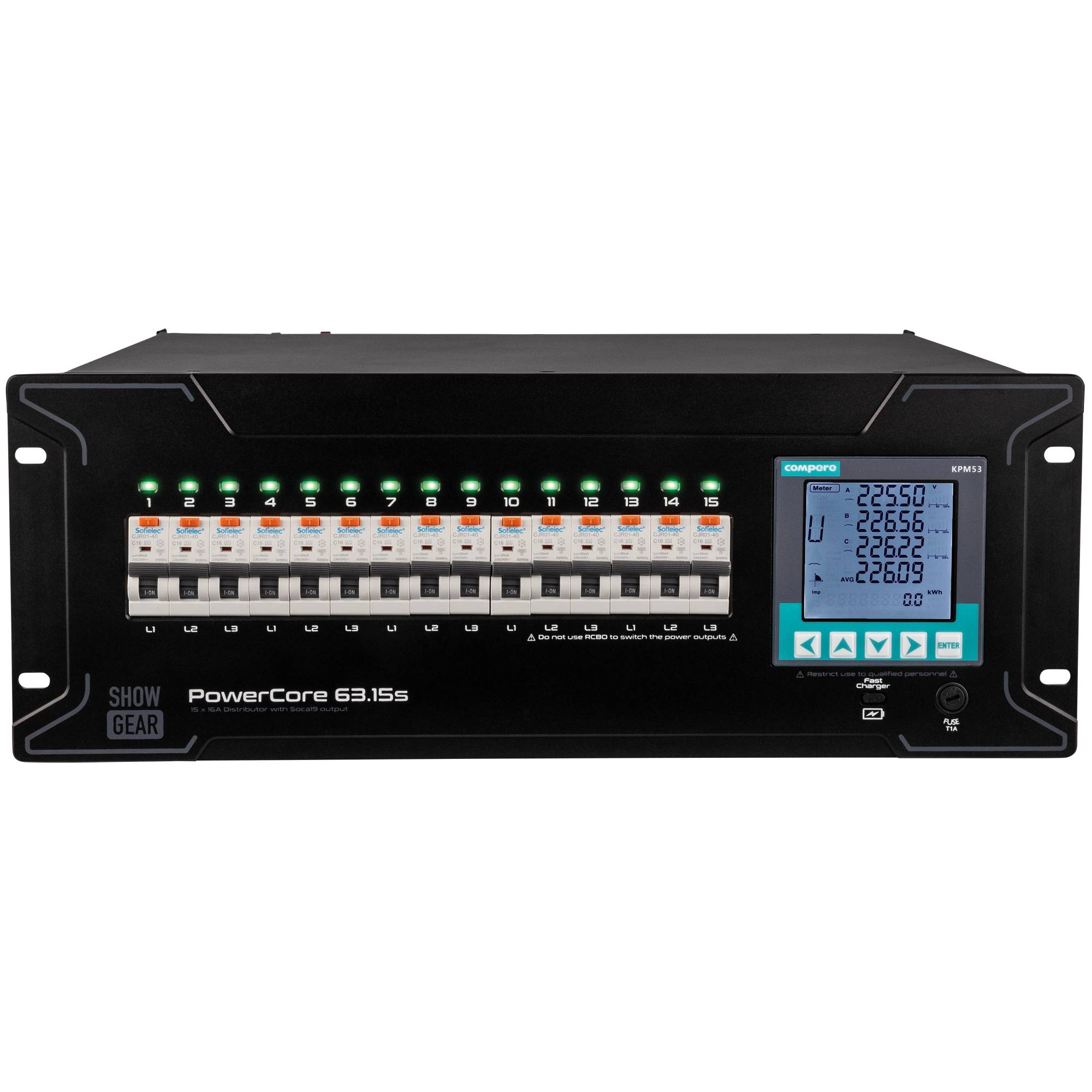 Ein schwarzes elektronisches Gerät mit der Bezeichnung 'PowerCore 63.15s', ausgestattet mit 16 Schalttasten und einer digitalen Anzeige, die Zahlen zeigt, mit Kabeln, die unten angeschlossen sind.