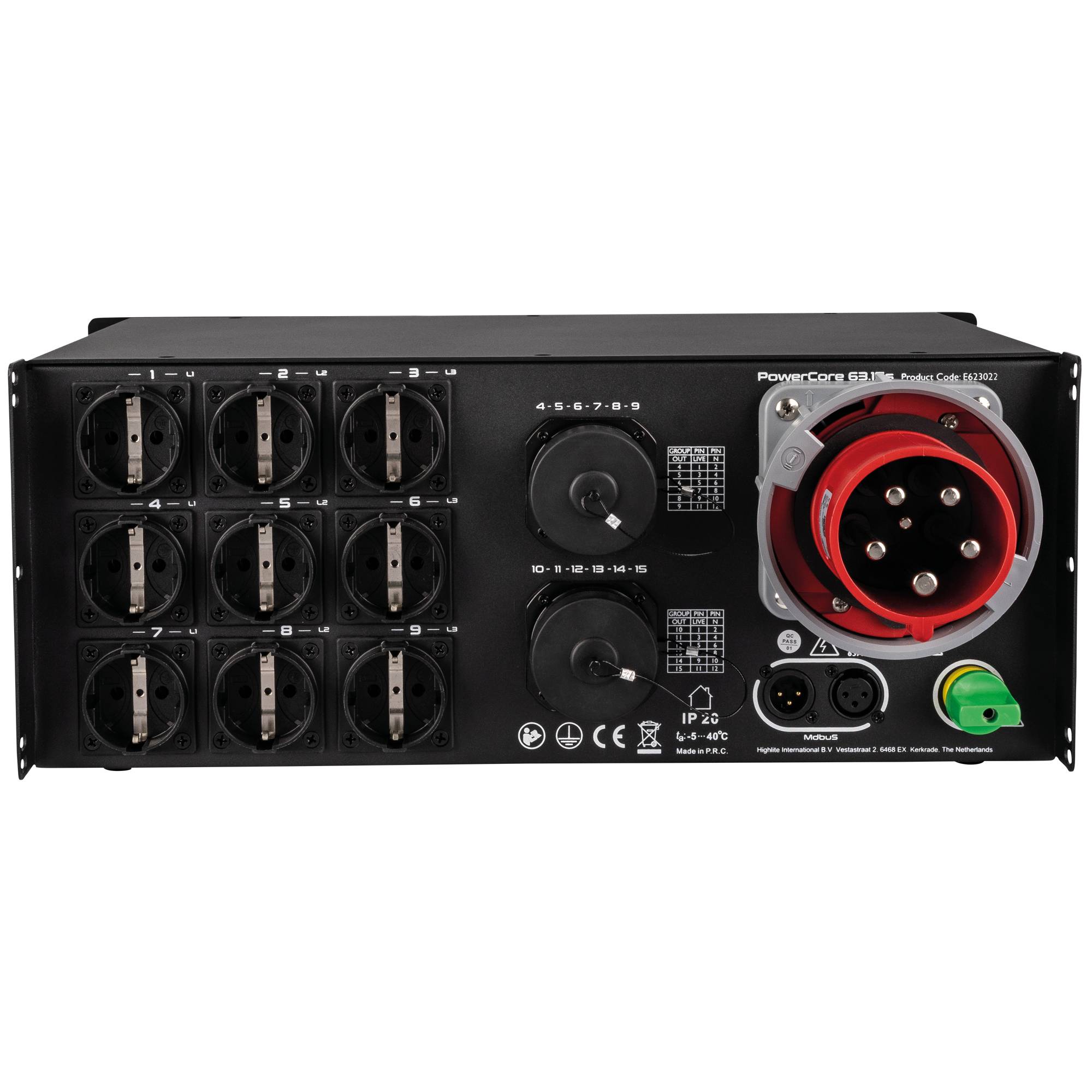 Rückansicht einer PowerCore-Verteilungseinheit mit mehreren Stromausgängen, einem großen roten Stromstecker, kreisförmigen Anschlüssen und Sicherheitsmarkierungen.