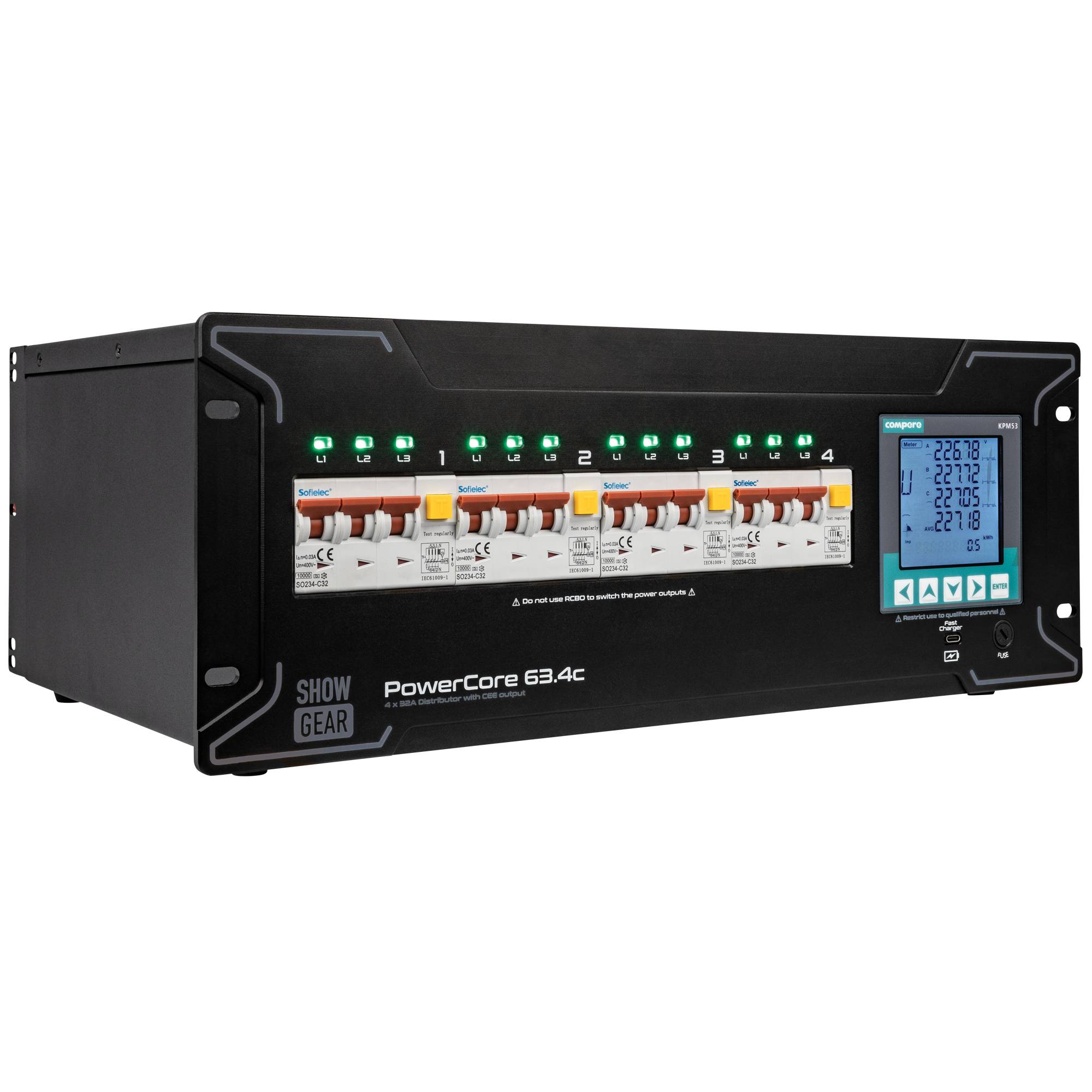 PowerCore 634c Stromverteilungseinheit mit sechs Kontrollschaltern und einer digitalen Anzeige zur Darstellung von Spannung, Stromstärke und Temperatur.
