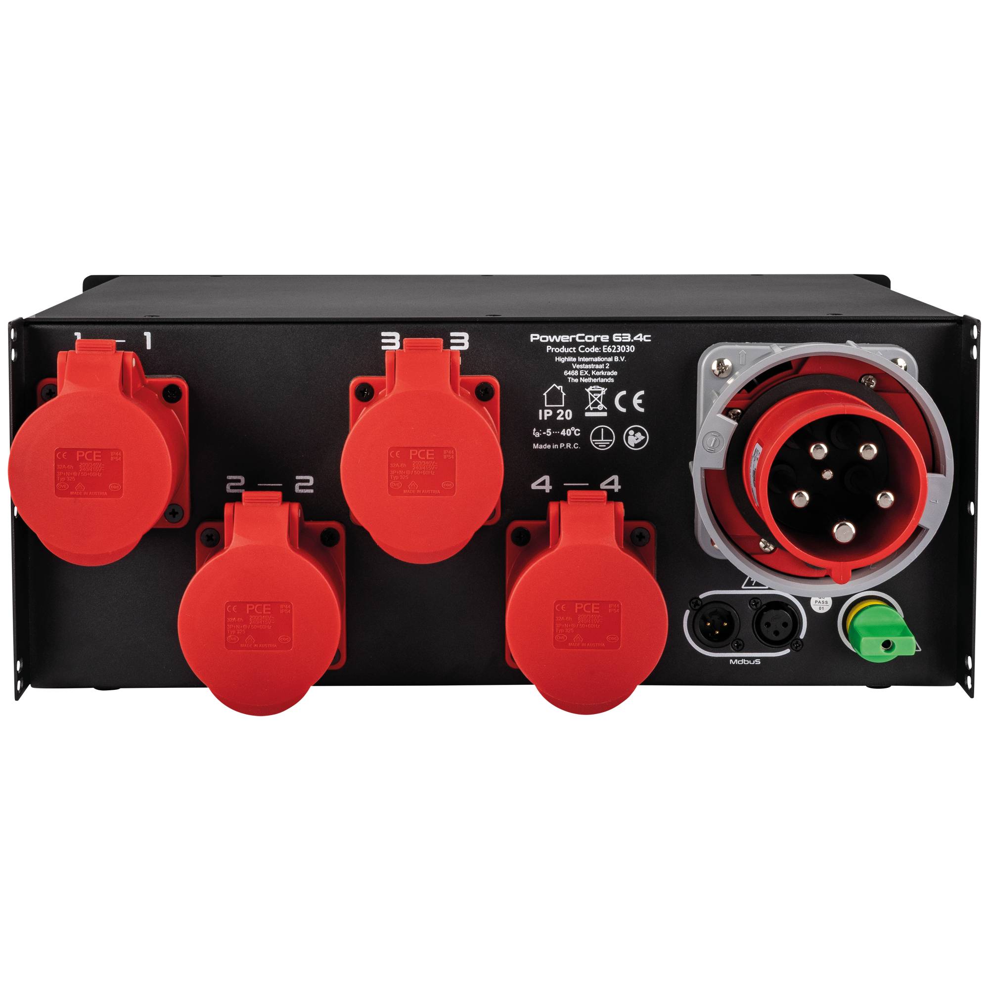 Ein schwarzes Stromverteilerpanel mit roten Steckdosen, beschriftet von 1 bis 4, und einem großen runden Stecker rechts, verwendet für elektrische Anschlüsse.