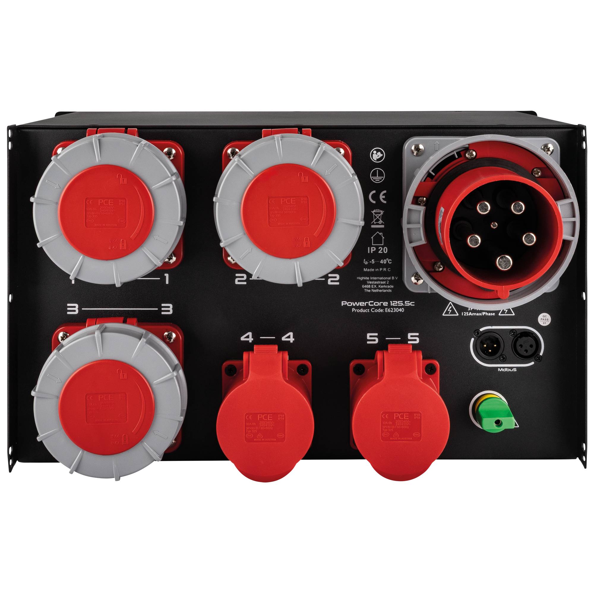 Ein schwarzes Panel mit mehreren roten industriellen Steckdosen, von 1 bis 6 beschriftet, mit einem großen runden Stromstecker auf der rechten Seite.