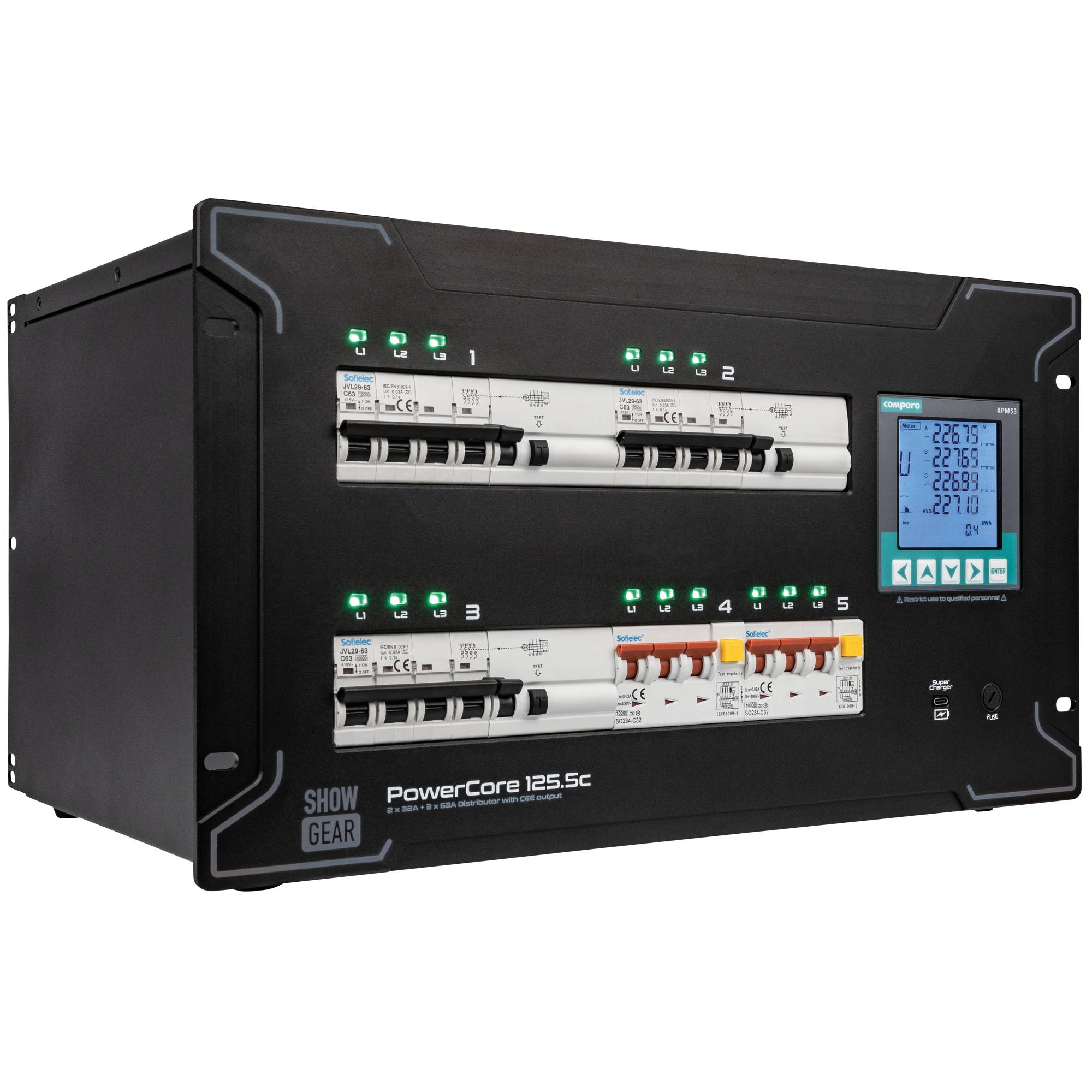 Eine schwarze elektrische Stromverteilungseinheit mit digitaler Anzeige und Schaltern. Display zeigt Spannungsmessungen; beschriftet mit 'PowerCore 125.5c'.