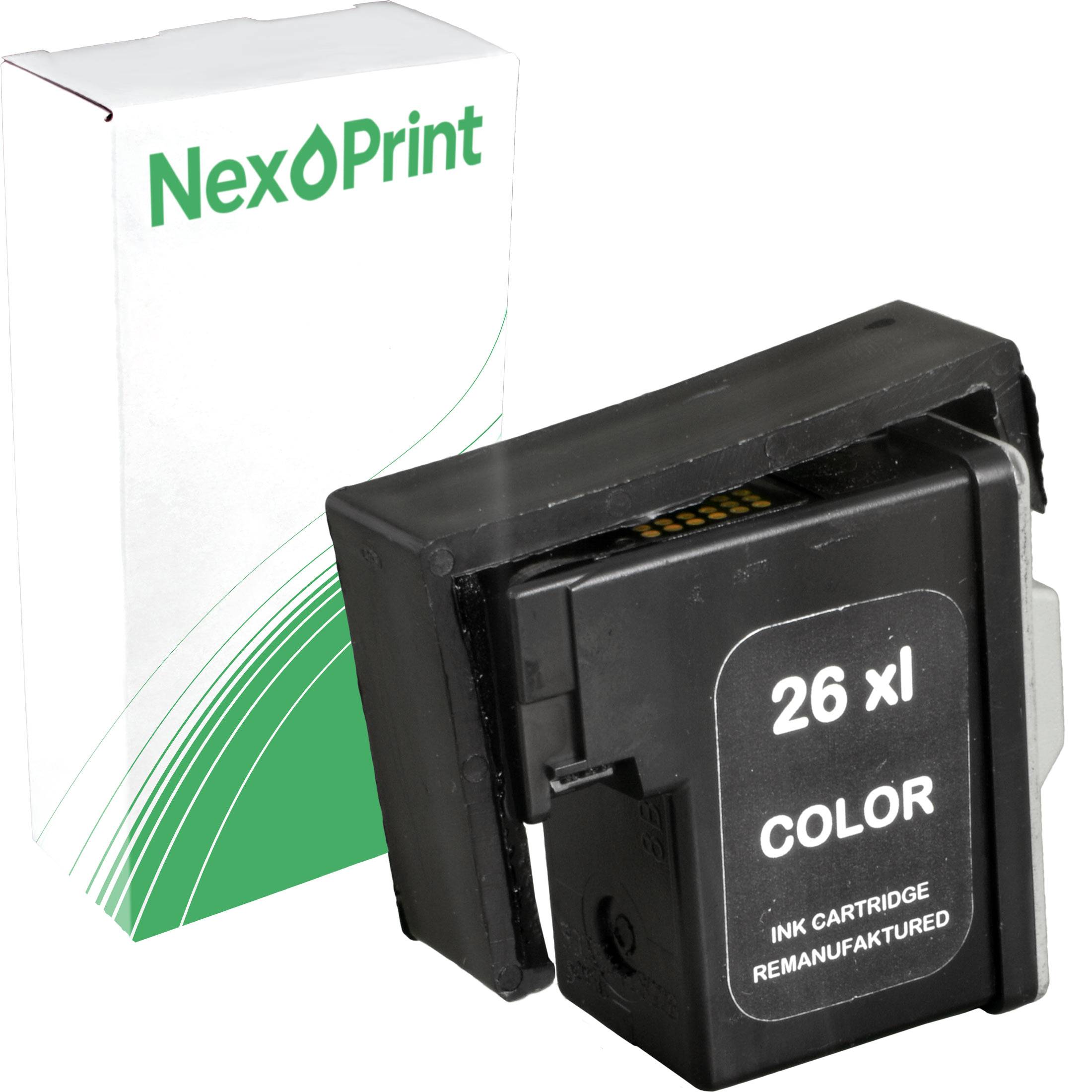 Eine wiederaufbereitete NexPrint Tintenpatrone mit '26 xl COLOR' Etikett neben einer Markenschachtel, die Kompatibilität und umweltfreundliche Verpackung anzeigt.