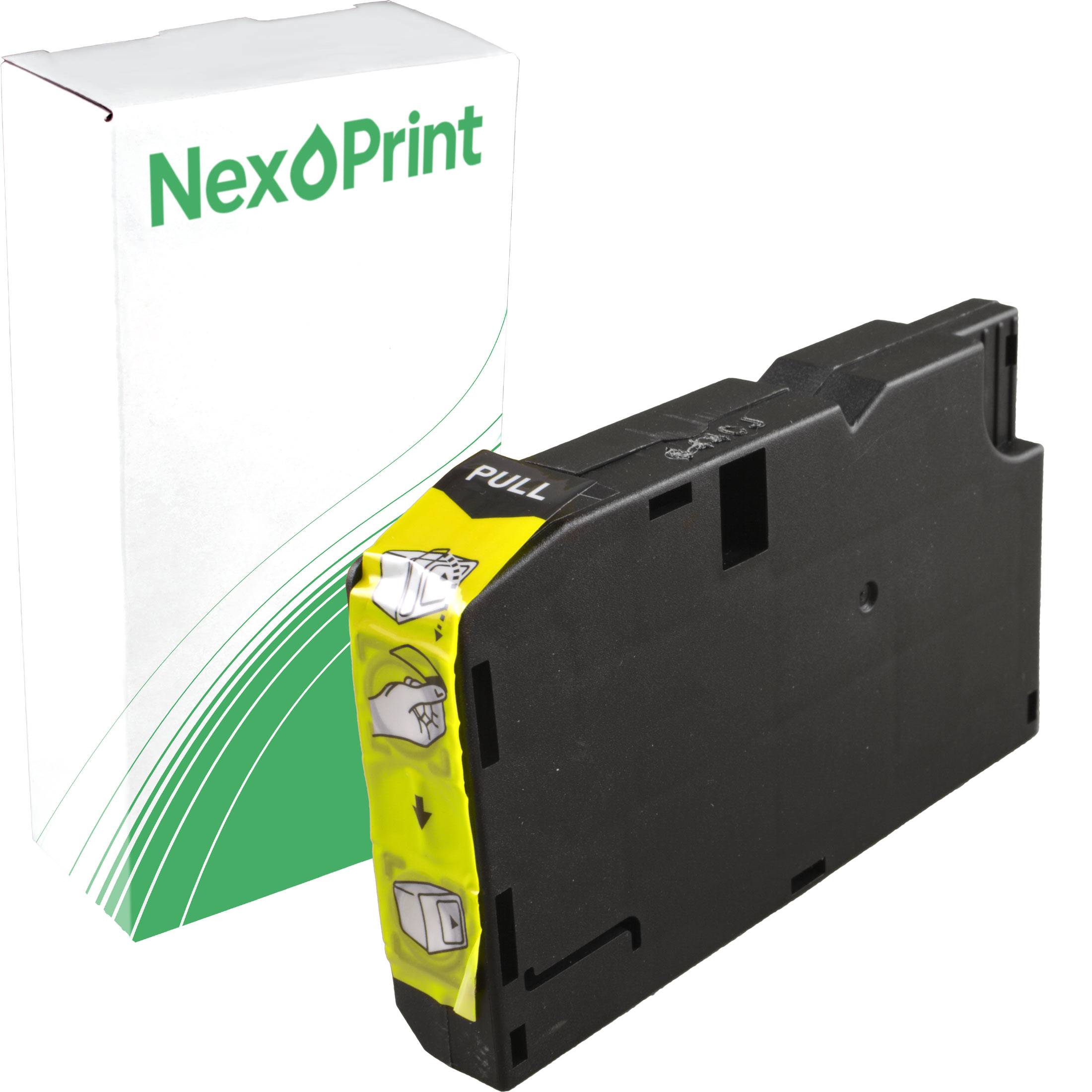 Schwarze Druckerpatrone mit einem gelben Etikett mit der Aufschrift „PULL