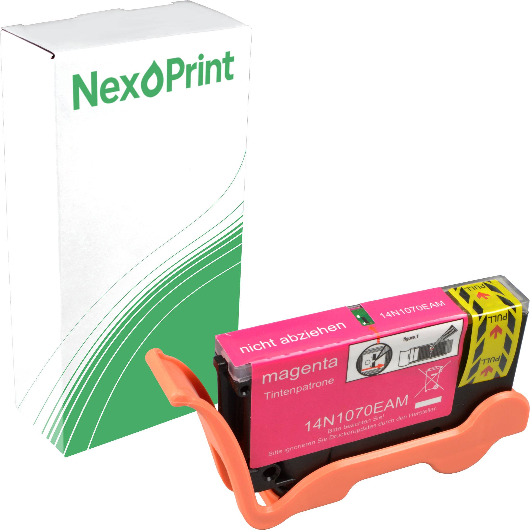Eine Magenta-Tintenpatrone mit der Bezeichnung 'NexPrint 14N1070EAM', die auf einem leuchtend orangefarbenen Ständer ruht, mit einer weiß-grünen NexPrint-Schachtel im Hintergrund.
