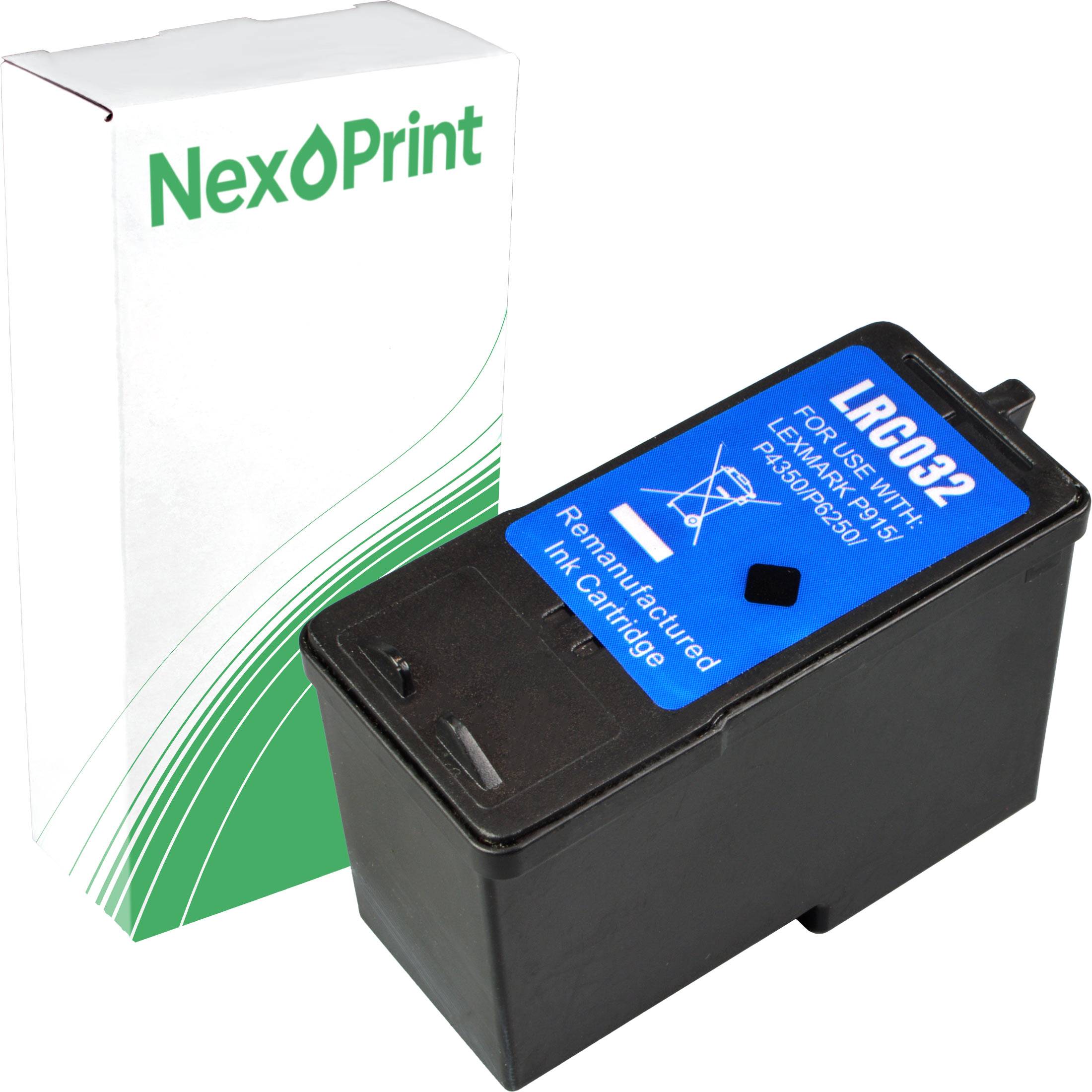 Aufbereitete Tintenpatrone für Lexmark-Drucker neben einer NexPrint-Verpackung.