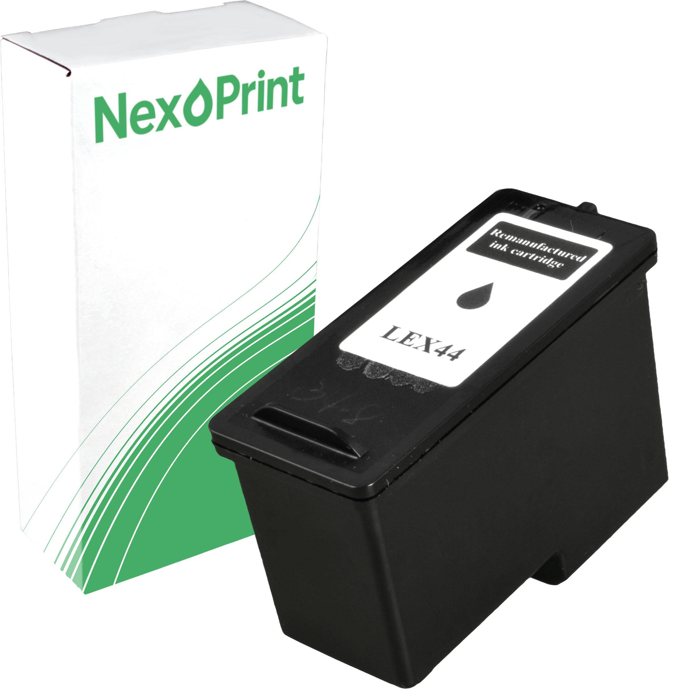 Aufbereitete Tintenpatrone LEX44' Schachtel mit grünen Streifen neben einer schwarzen Tintenpatrone, die mit einem Tröpfchensymbol und LEX44 gekennzeichnet ist.