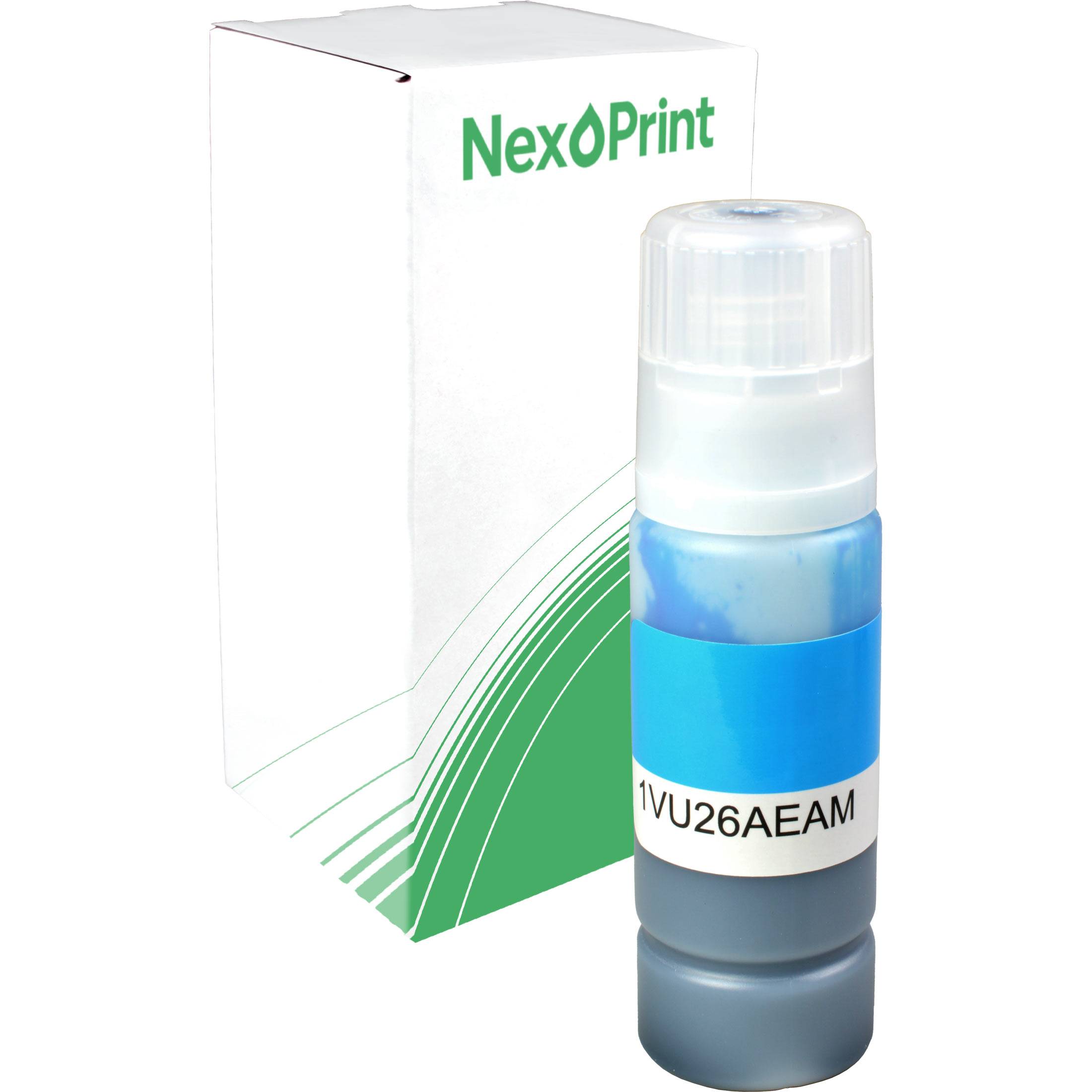 NexPrint' Markenverpackung mit einer Tonerrefill-Flasche, beschriftet mit '1VU26AEM'. Die Flasche ist blau mit einem weißen Deckel.