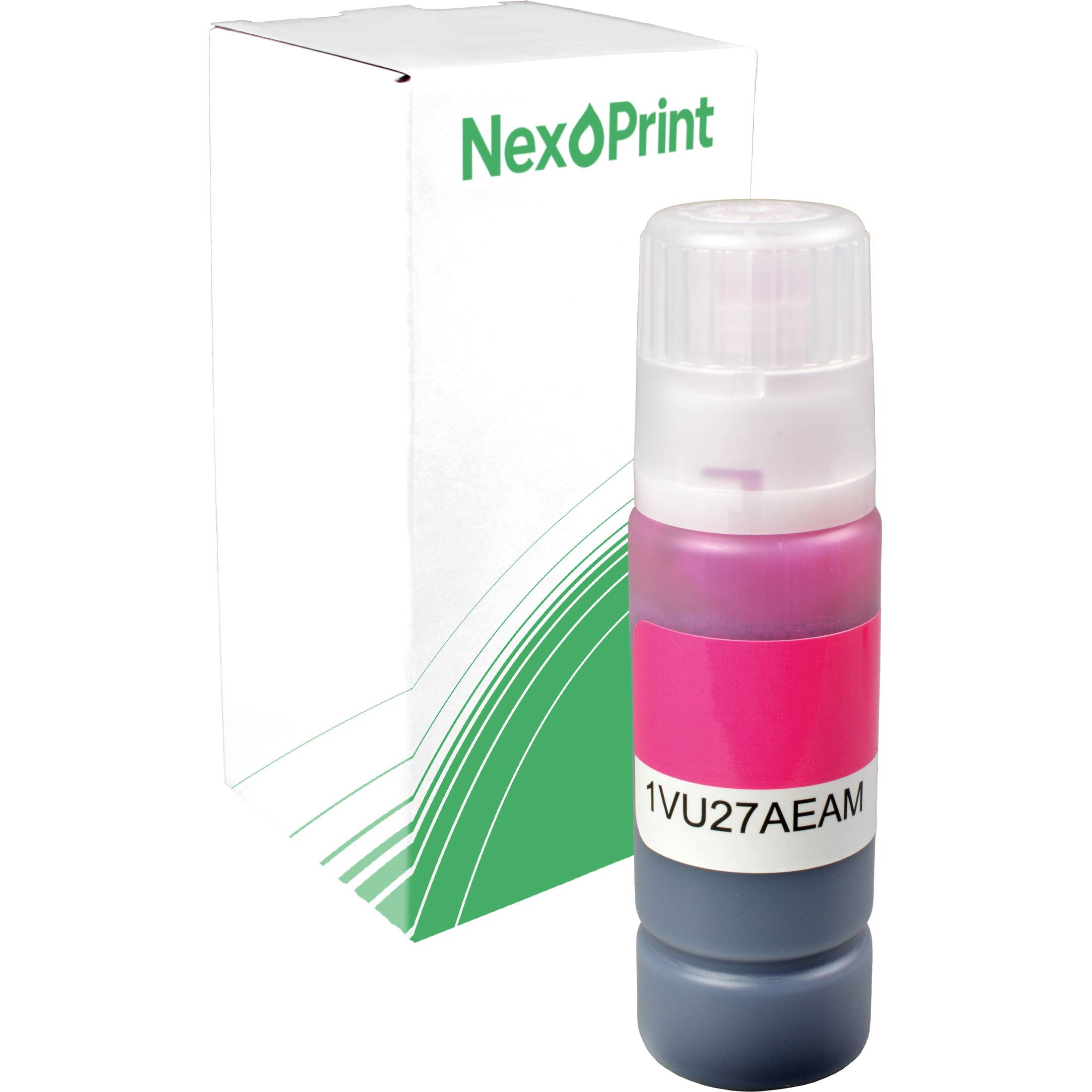 Eine Druckertintenflasche mit der Bezeichnung '1VU27AEAM' und einem mehrfarbigen Design befindet sich vor einer weißen Box mit grünem Text 'NexPrint'.