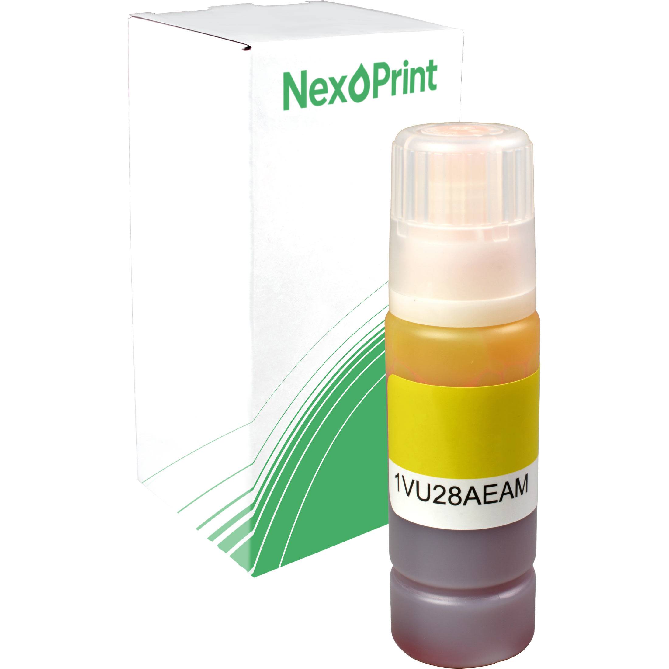 Schachtel mit der Beschriftung 'NexPrint' neben einer Tintenflasche für Farbtinte mit einem gelben Etikett, auf dem '1VU28AEM' steht.