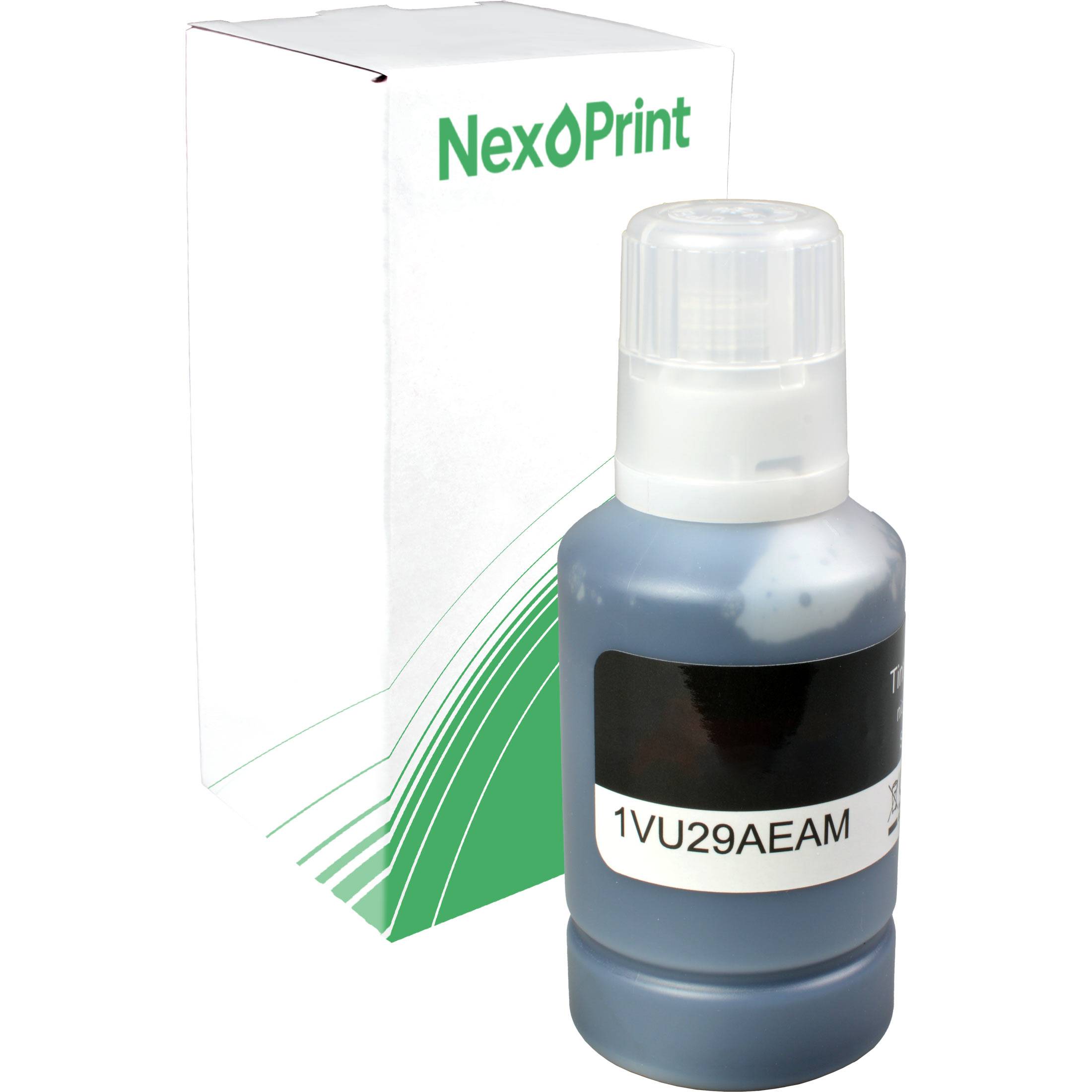 Tintenflasche mit der Bezeichnung '1VU29AEAM' neben einer NexPrint-Box mit grün-weißem Design.