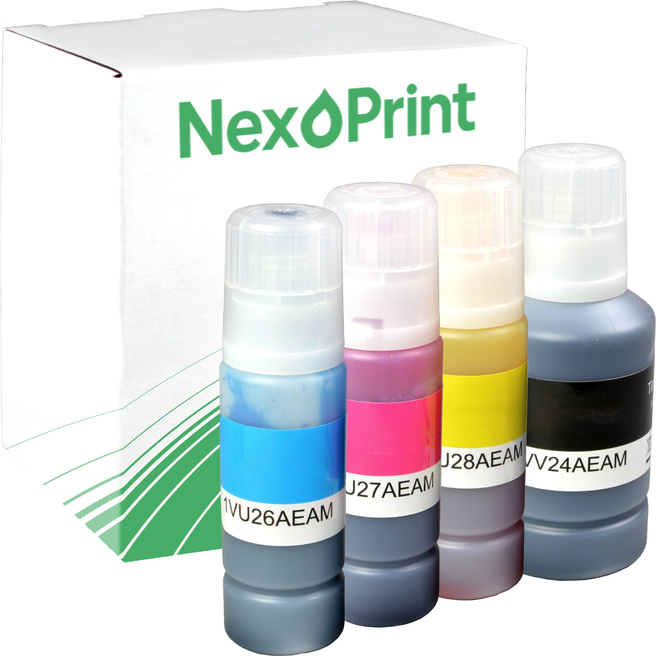 Vier Tintenfläschchen mit Verpackungsetikett der Marke 'NexPrint'; die Farben sind Cyan, Magenta, Gelb und Schwarz.