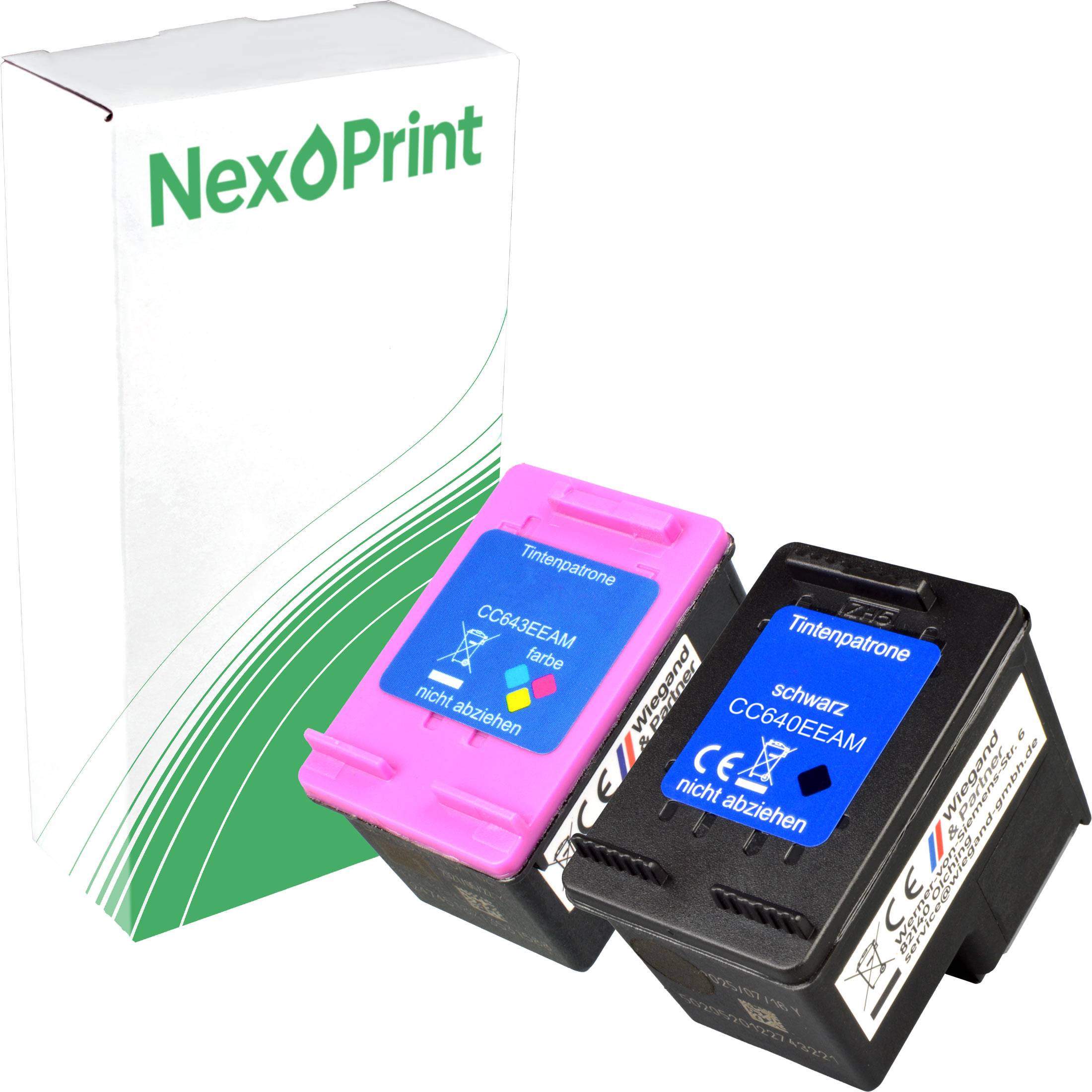 Zwei Tintenpatronen, eine rosa für Farbe und eine schwarze, mit 'NexPrint'-Branding auf einer Schachtel im Hintergrund.