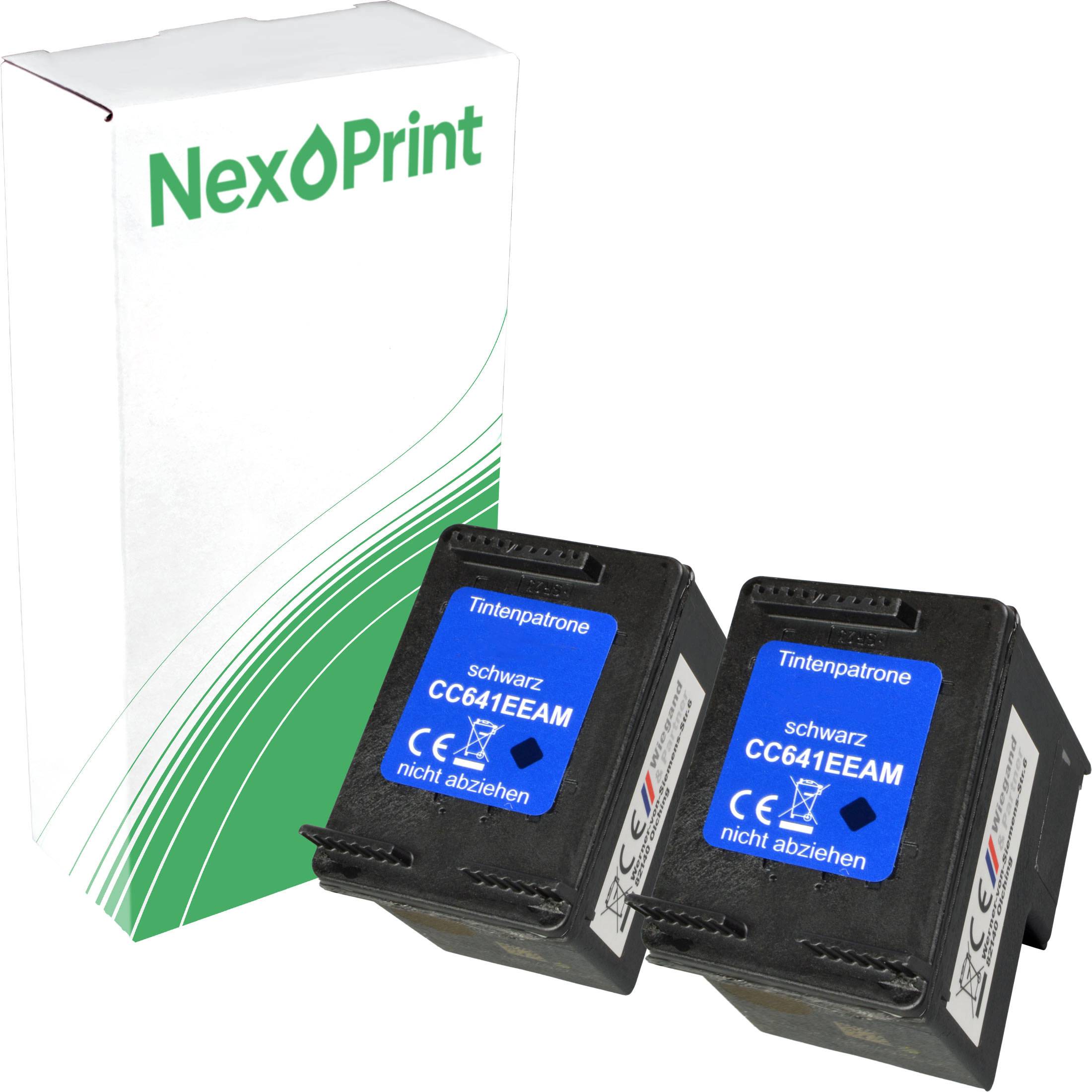 Zwei schwarze Tintenpatronen mit der Beschriftung 'CC641EEAM', die vor einer Schachtel mit grün-weißem Design und dem 'NexPrint' Logo liegen.