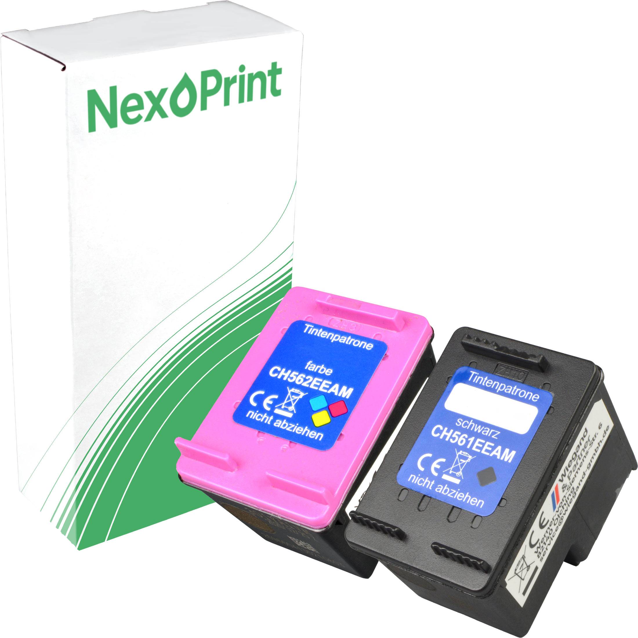 Verpackungskarton der Marke 'NexPrint' mit zwei Tintenpatronen, eine magenta und eine schwarz, mit der Bezeichnung 'CH561EAM', von vorne positioniert.