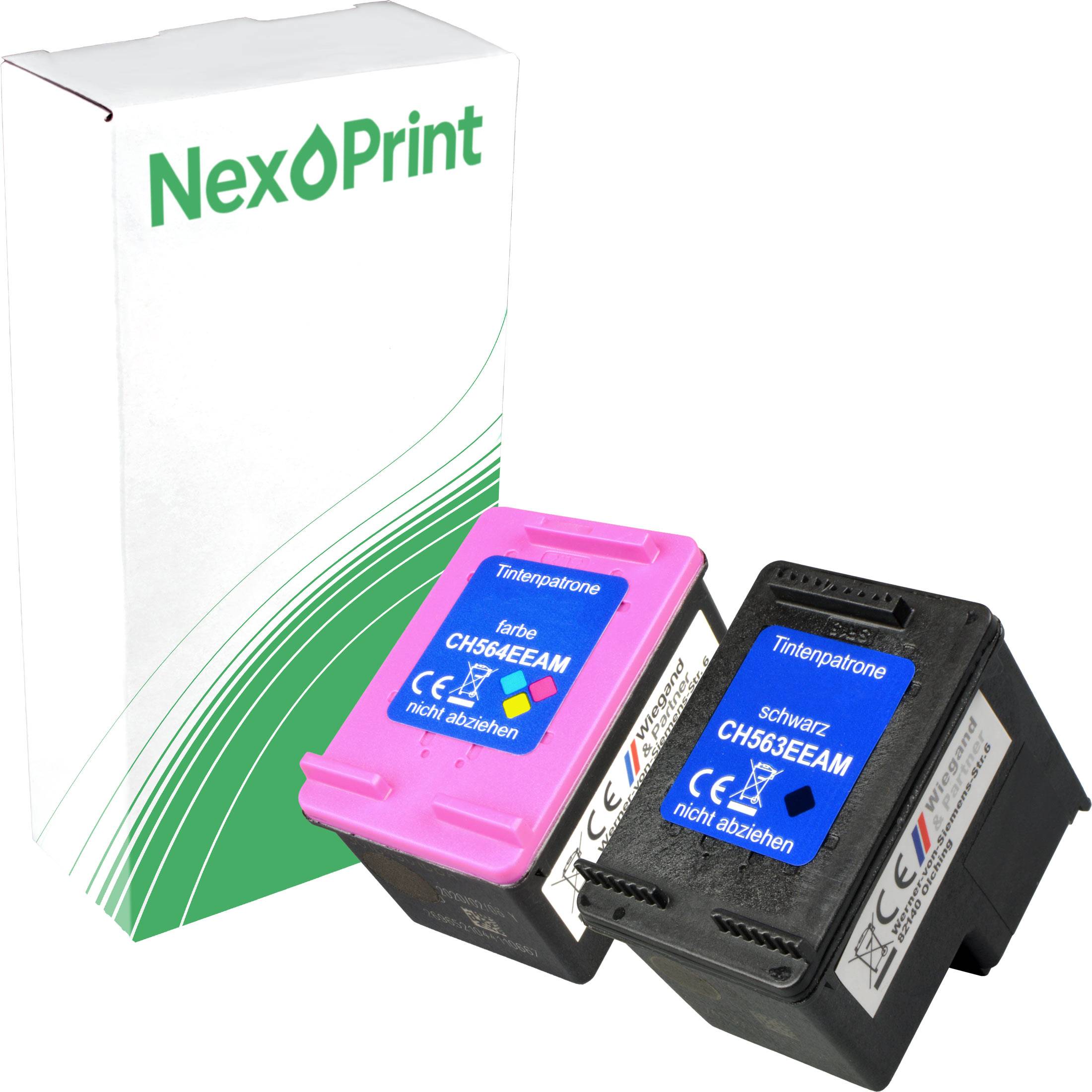 Zwei Tintenpatronen, eine schwarze und eine farbige, mit den Bezeichnungen CH563EE und CH564EE, vor einer NexPrint-Verpackung.