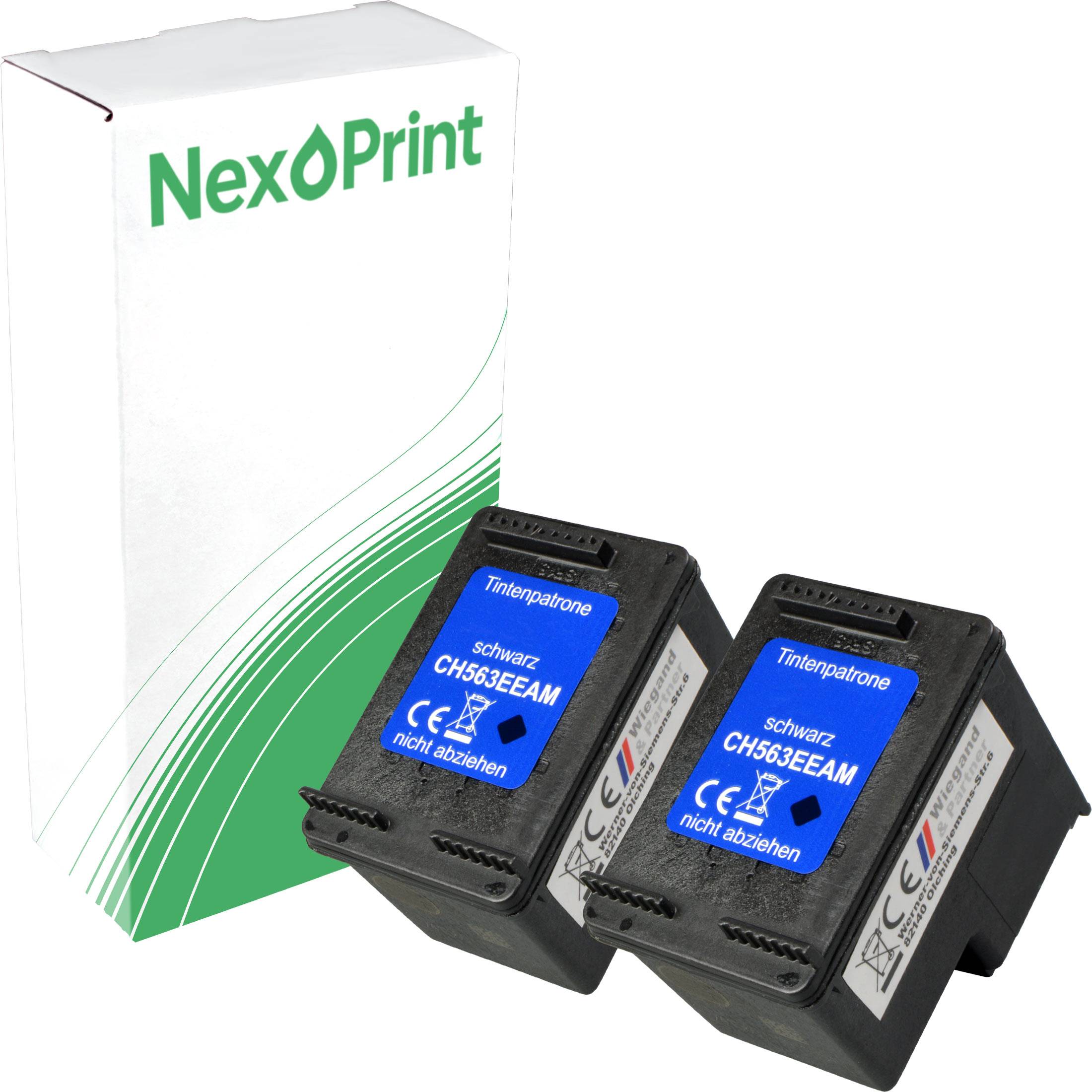 Zwei schwarze NexPrint Tintenpatronen mit der Bezeichnung 'CH563EEAM' in Verpackung.
