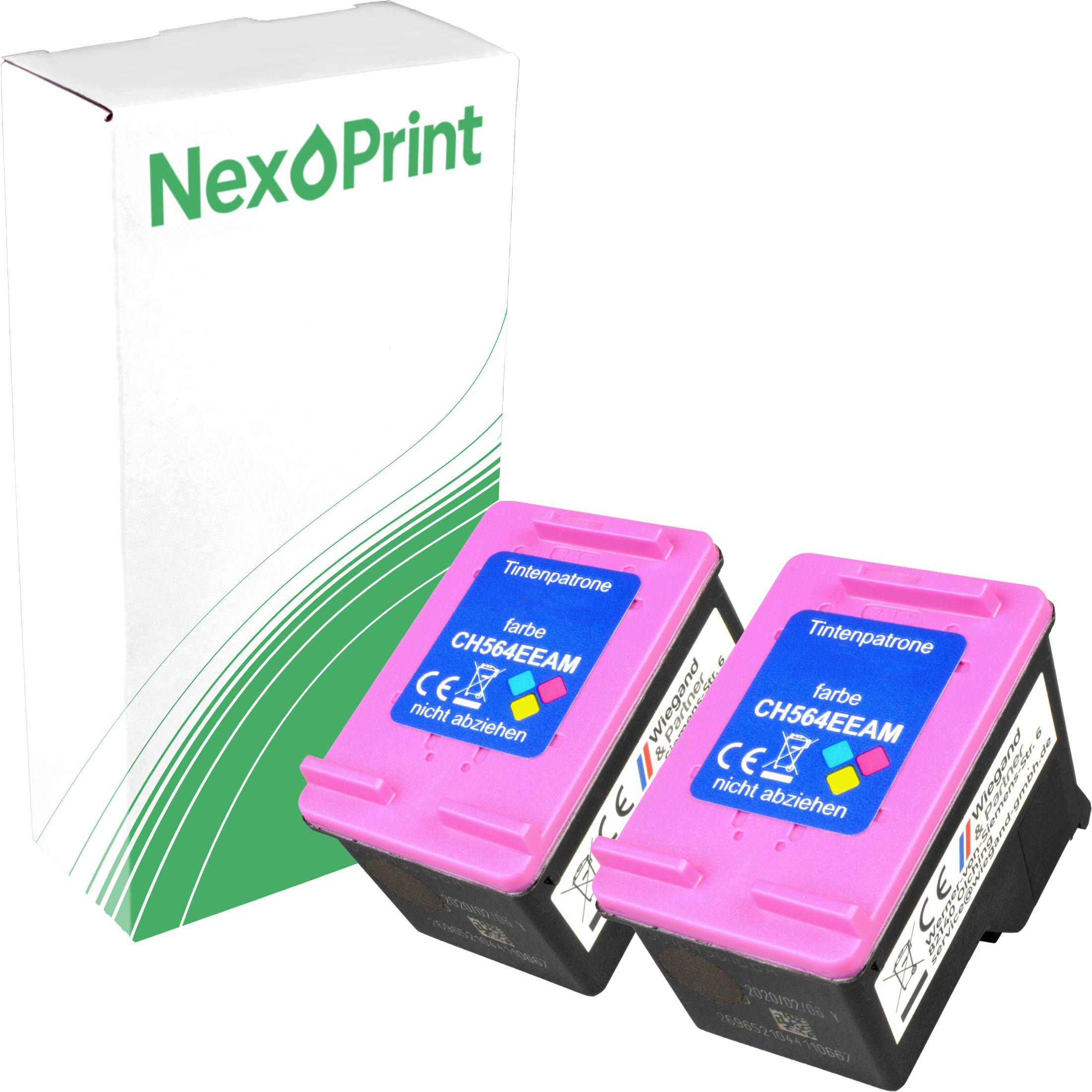 Druckerpatronenschachtel mit der Bezeichnung 'NexoPrint', die zwei magentafarbene Patronen mit der Kennung 'CH564EAM' enthält.