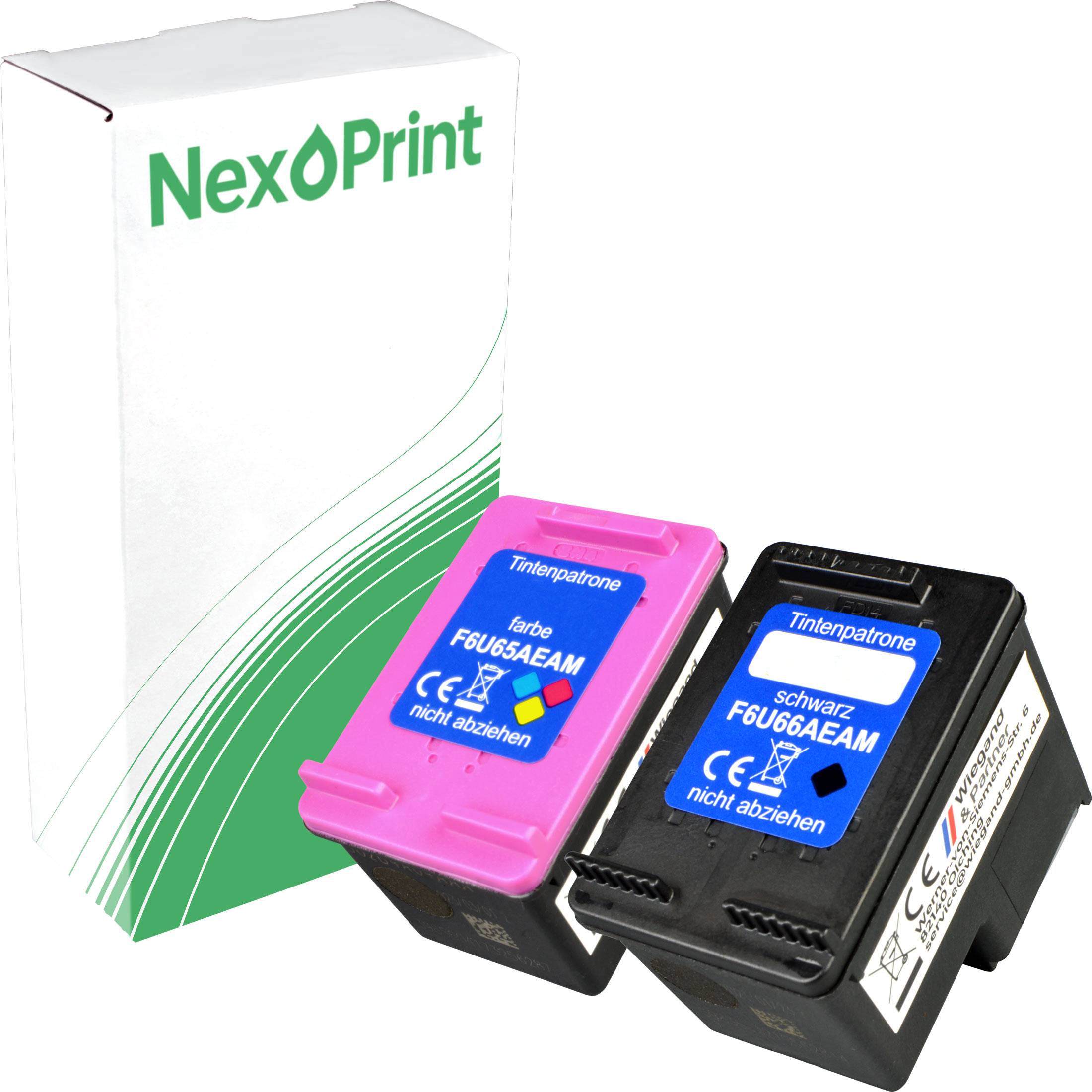 Zwei NexPrint-Tintenpatronen, eine rosa und eine schwarze, werden neben einer NexPrint-Box gezeigt. Jede Patrone hat Etiketten, die Farbe und Modell angeben.