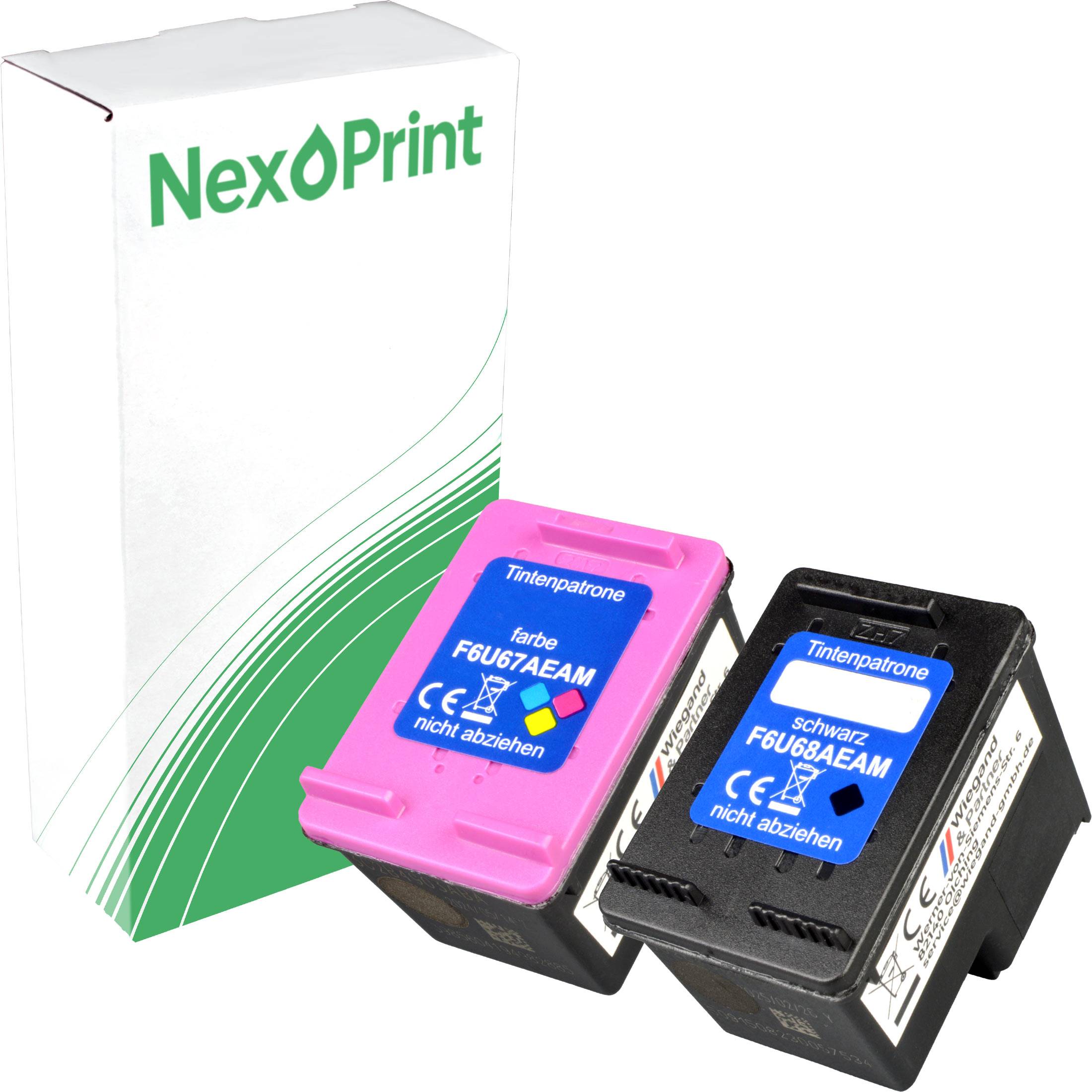 Zwei Tintenpatronen, eine schwarze und eine magenta, mit Verpackung, beschriftet mit 'NexPrint.' Die schwarze Patrone hat die Kennzeichnung 'F6U68AEAM', und die magenta Patrone 'F6U67AEAM.