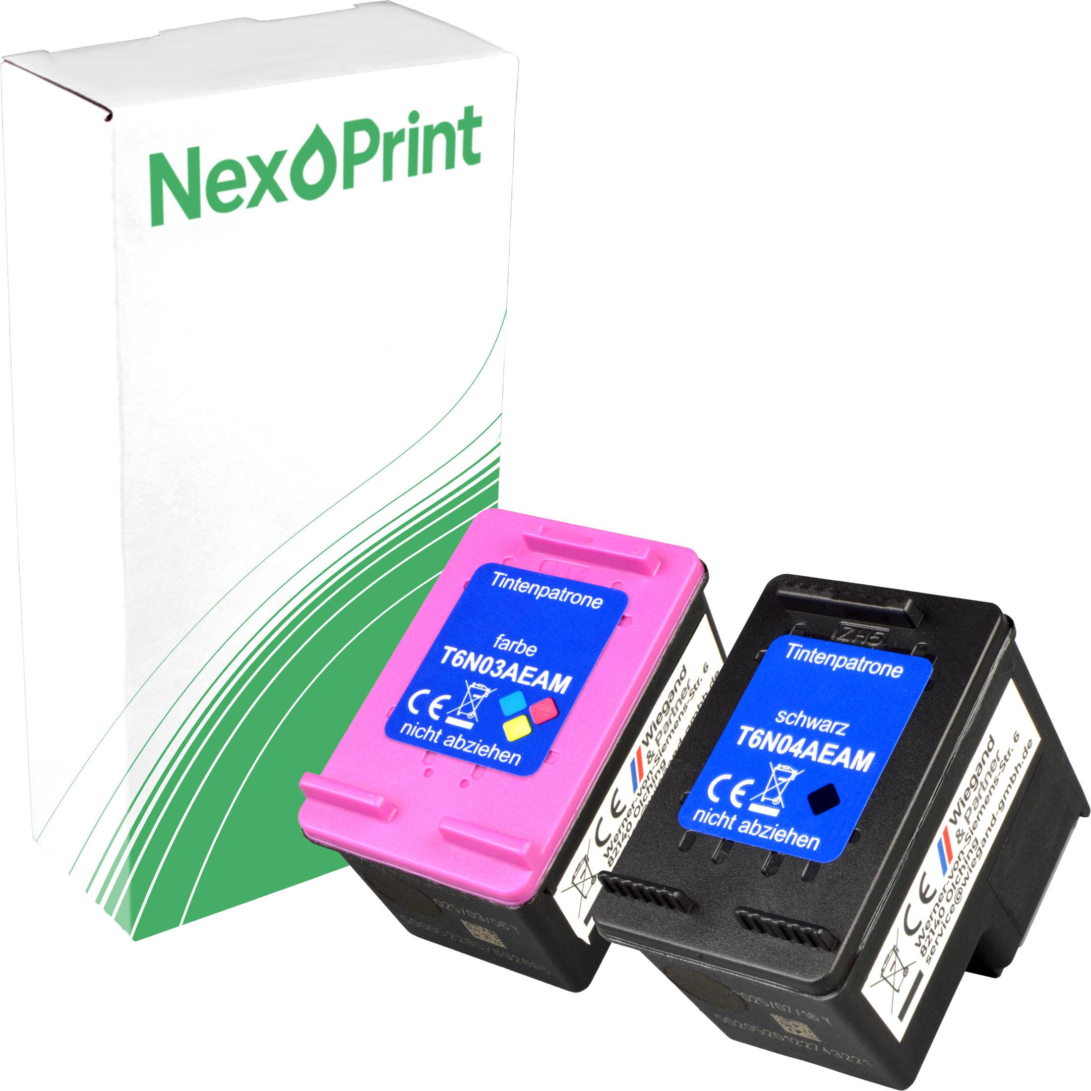 Zwei Tintenpatronen, eine in Rosa und eine in Schwarz, stehen neben einer weiß-grünen 'NexPrint'-Schachtel.