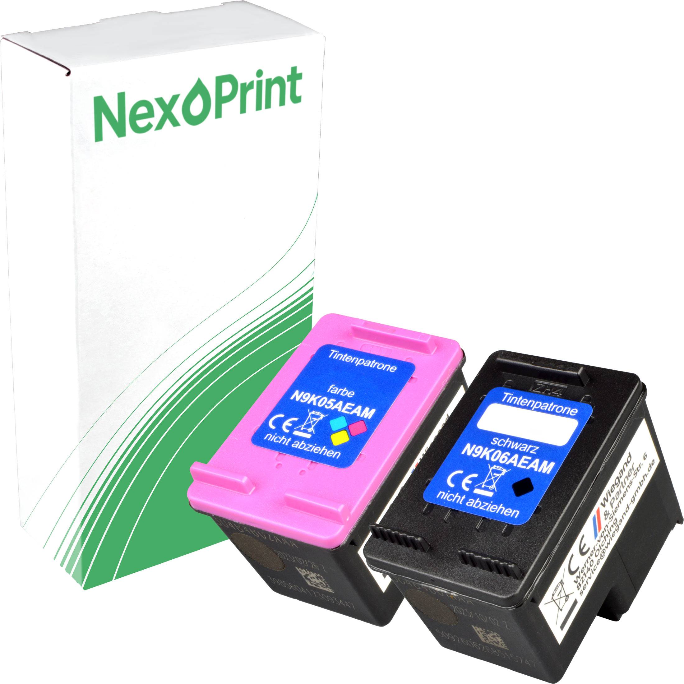 NexPrint' Tintenpatronen in Rosa und Schwarz mit Verpackung; gekennzeichnet mit 'N9K06AEAM', kompatibel mit verschiedenen Druckern.