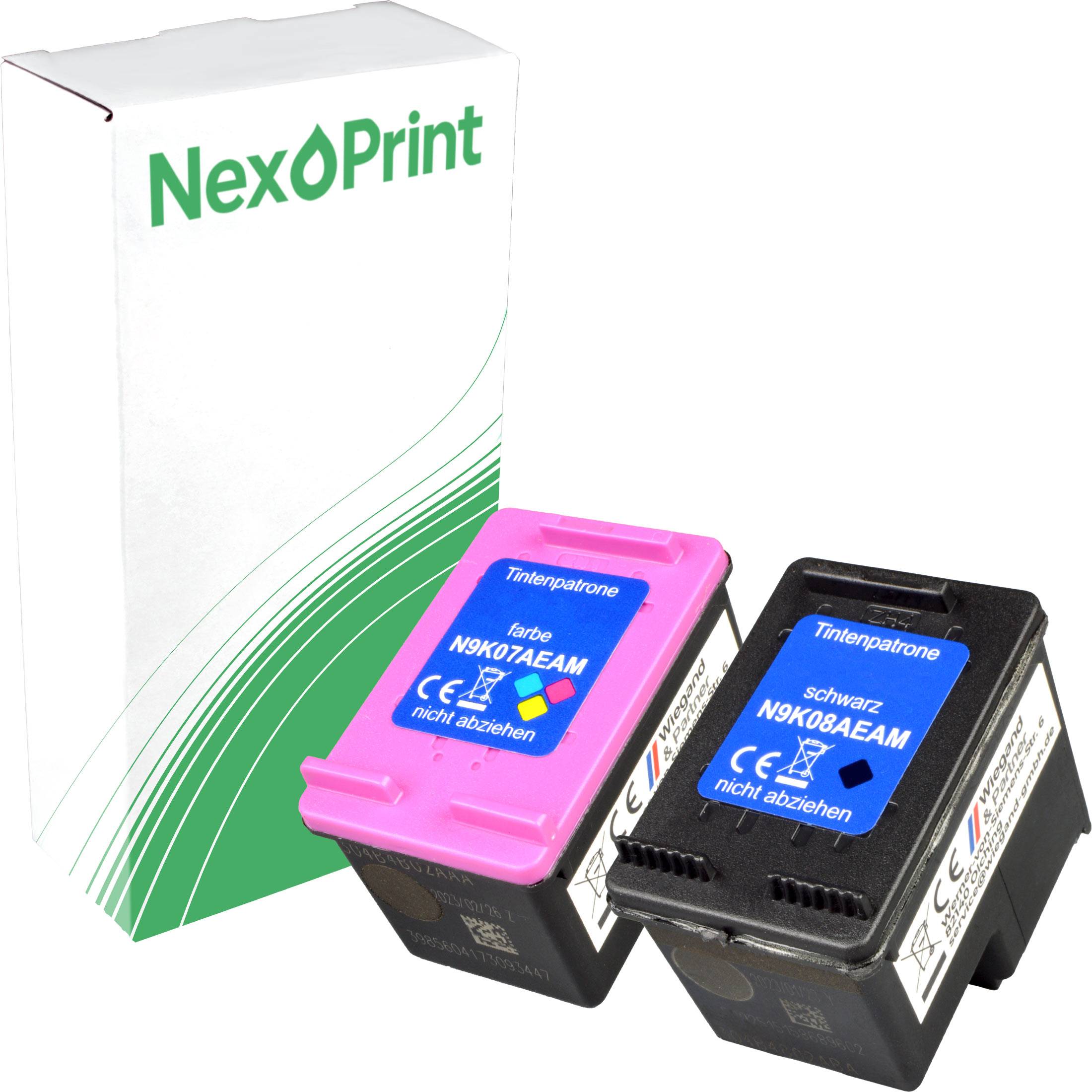Zwei Druckerpatronen, eine magenta und eine schwarze, werden vor einer NexPrint-Markenverpackung präsentiert.