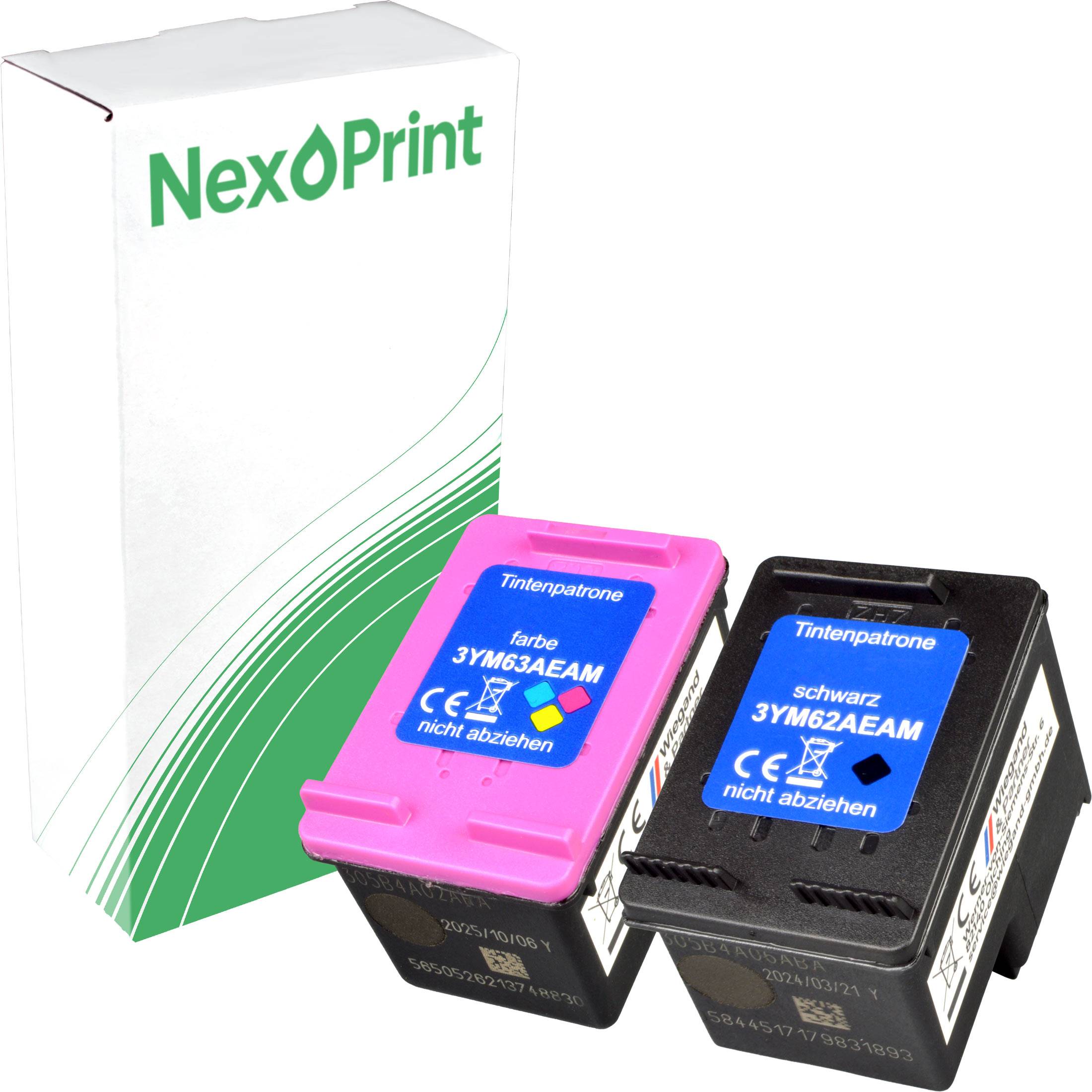 NexPrint' Etikett auf einer weißen Schachtel neben zwei Tintenpatronen: eine rosa mit der Aufschrift 'farbe' und eine schwarze mit der Aufschrift 'schwarz'.