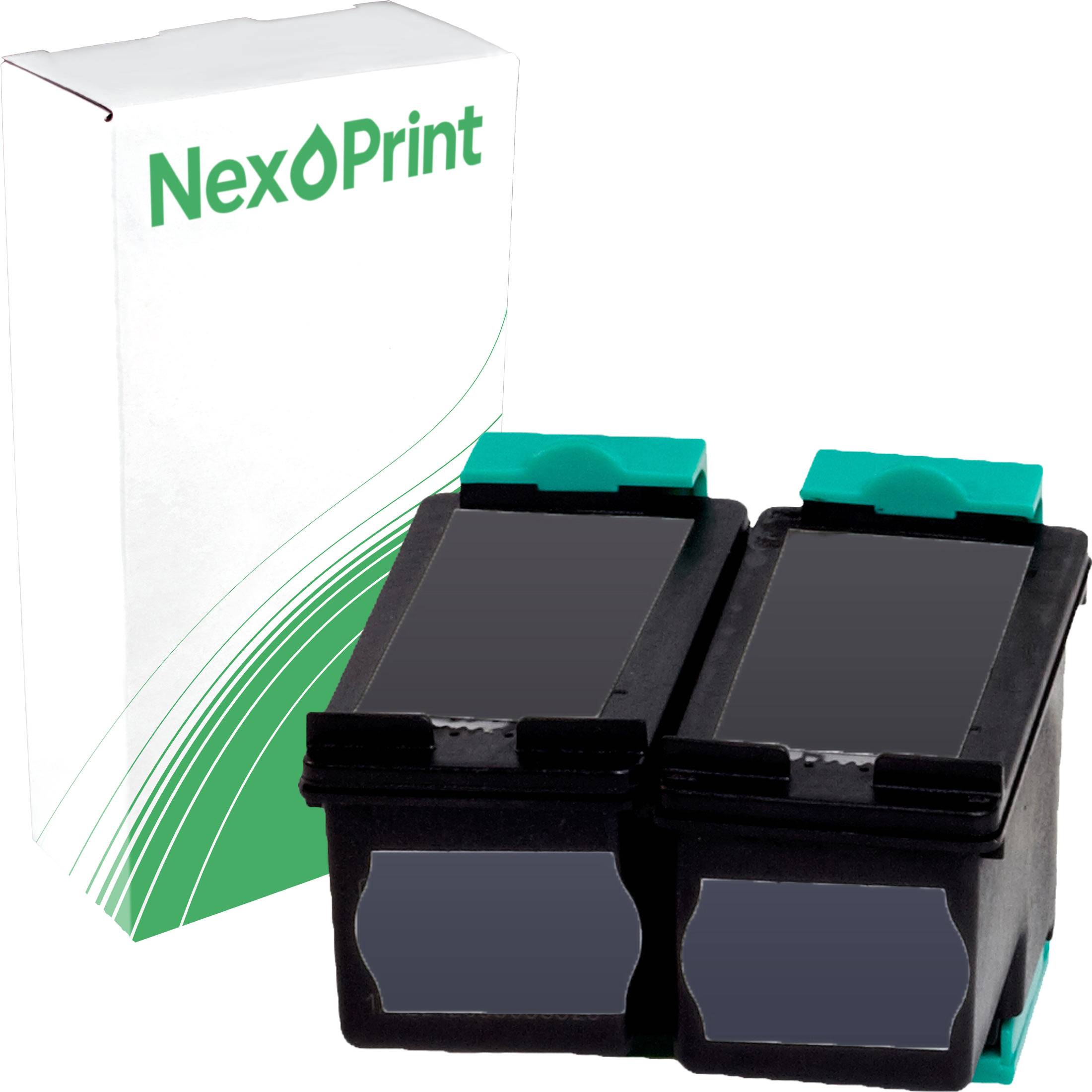 Zwei schwarze NexPrint-Tintenpatronen mit grünen Laschen sitzen vor einer Markenschachtel.
