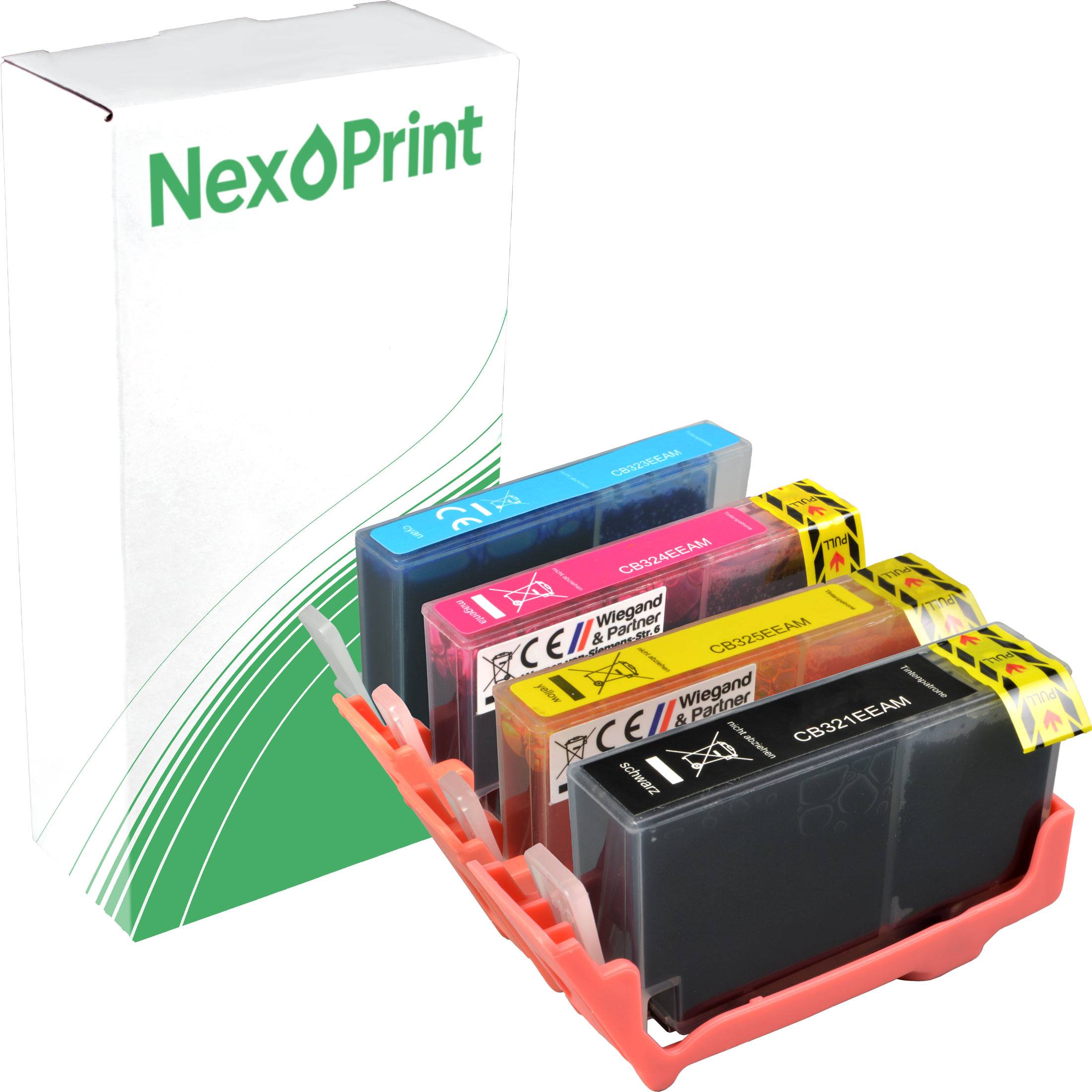 Schachtel mit NexPrint-Tintenpatronen in verschiedenen Farben, einschließlich Cyan, Magenta, Gelb und Schwarz, mit Verpackung im Hintergrund.