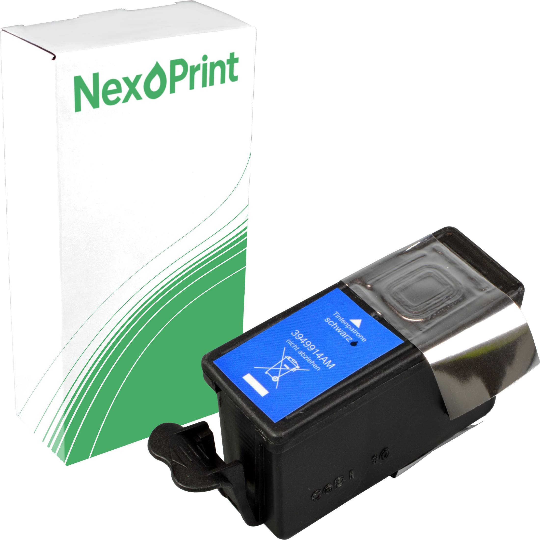 Ein Tintenpatrone von 'NexPrint' mit einem blauen Etikett wird neben einer weißen Box mit grünem Design und dem 'NexPrint' Logo platziert.